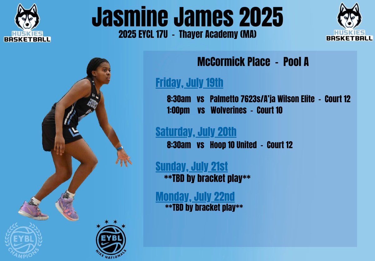 Jasmine James (@jazzj_21) on Twitter photo Here is my schedule for my final stop on the EYCL circuit!! I can’t wait to play one last time with my girls in Chicago at Nike Nationals!! <a href="/MAHuskies_eycl/">Mass Huskies EYCL</a> <a href="/DanB1222/">CoachDan</a> <a href="/NEPSGBCA/">NEPSGBCA</a> <a href="/ElzeyJames1/">Elzey James</a> Here is my schedule for my final stop on the EYCL circuit!! I can’t wait to play one last time with my girls in Chicago at Nike Nationals!! <a href="/MAHuskies_eycl/">Mass Huskies EYCL</a> <a href="/DanB1222/">CoachDan</a> <a href="/NEPSGBCA/">NEPSGBCA</a> <a href="/ElzeyJames1/">Elzey James</a>