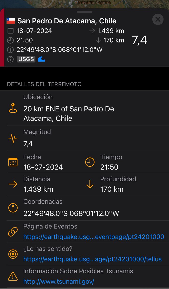 TuiteroSismico's tweet photo. FUERTE SISMO 7.4 según usgs en el norte de Chile 🇨🇱 
Es muy probable que lo recalculen y lo bajen a 7.0 en un rato más 
Aún así fue bastante fuerte , este evento ocurrió al interior cercano a la Frontera con Bolivia #Chile #Terremoto #temblor https://t.co/qfLnu3zEs8