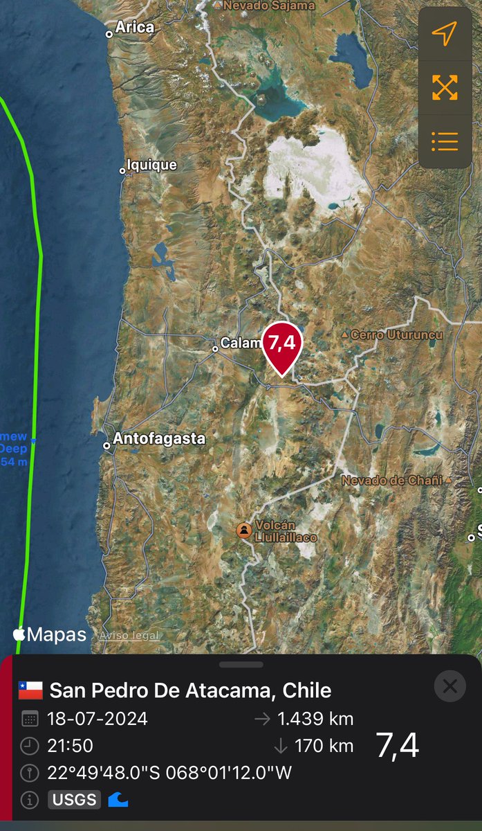 TuiteroSismico's tweet photo. FUERTE SISMO 7.4 según usgs en el norte de Chile 🇨🇱 
Es muy probable que lo recalculen y lo bajen a 7.0 en un rato más 
Aún así fue bastante fuerte , este evento ocurrió al interior cercano a la Frontera con Bolivia #Chile #Terremoto #temblor https://t.co/qfLnu3zEs8