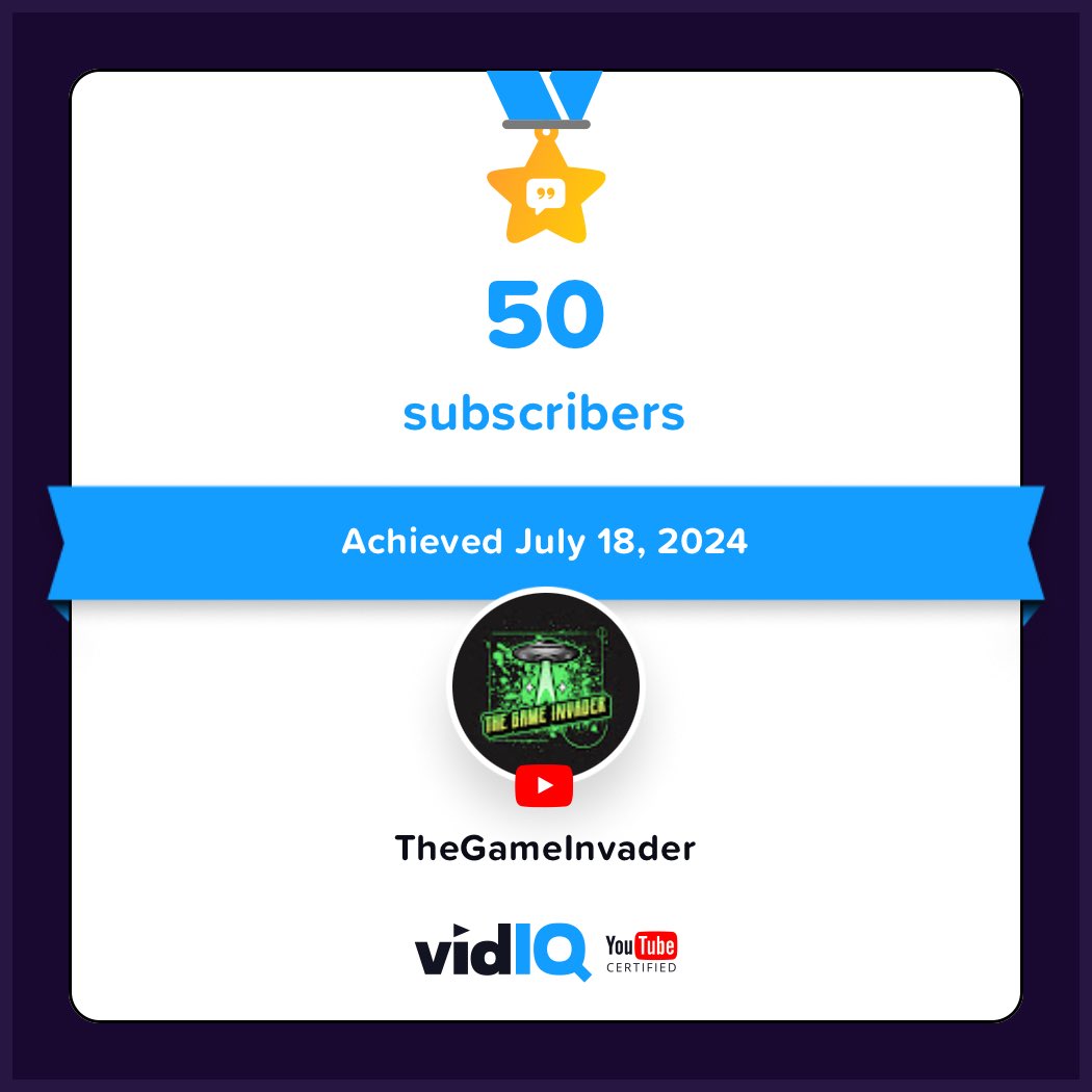 GameWithGeezy's tweet image. 🏆 My YouTube channel achieved 50 subscribers on 18th July 2024! Track and celebrate your own success today for free with @vidIQ vidiq.com/certificates/E… ⁦@vidIQ⁩ Thank you for all the support &amp;amp; feedback from everyone! Sub Goal = 100
#vidIQ #YouTube #Subcribe
