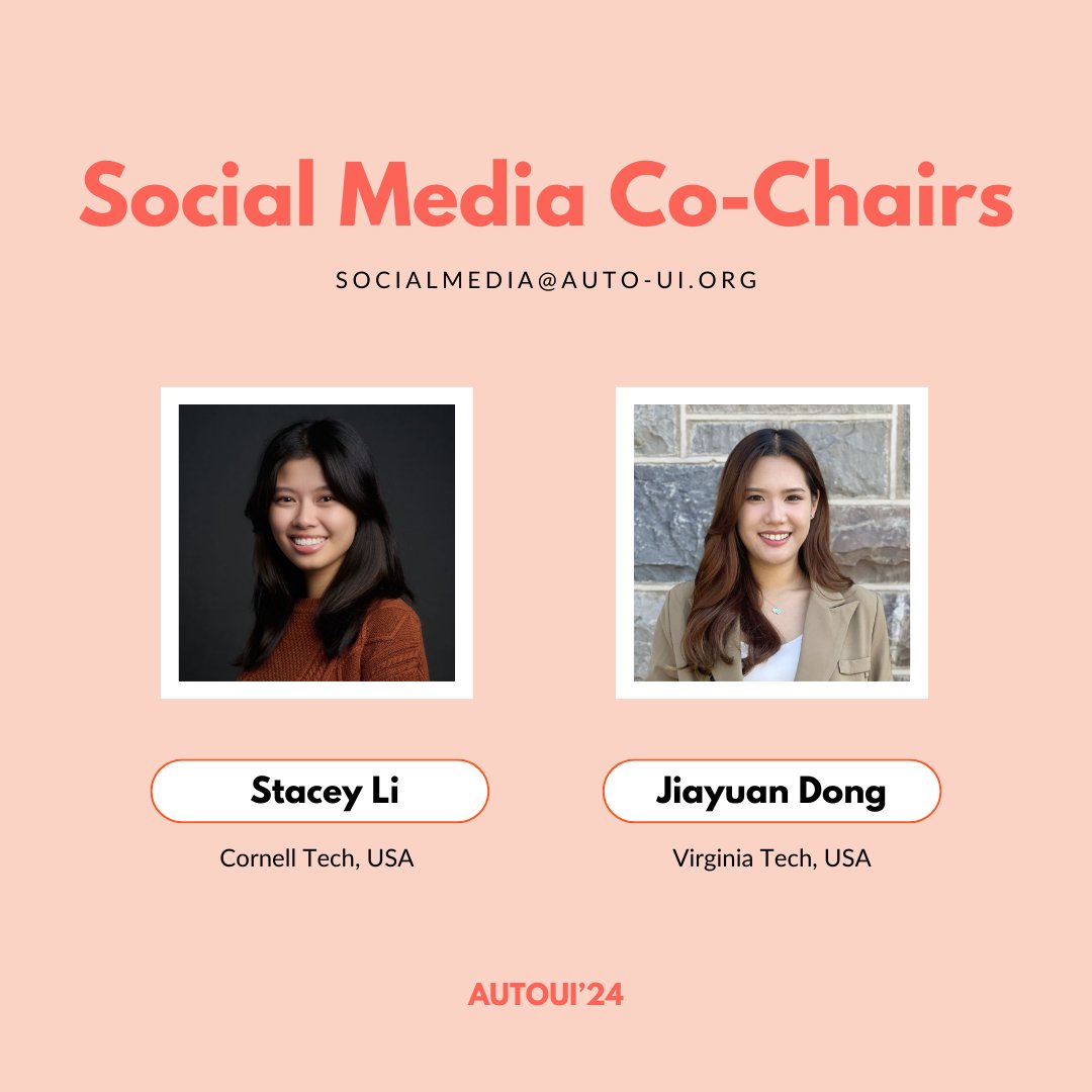 AutomotiveUI's tweet photo. ✨Here are our Social Media Co-Chairs: Stacey Li and Jiayuan Dong 😎#AutomotiveUI24!!!✨Thank you so much for your work! 🚗 🙌 https://t.co/6bpDaVH3Q9