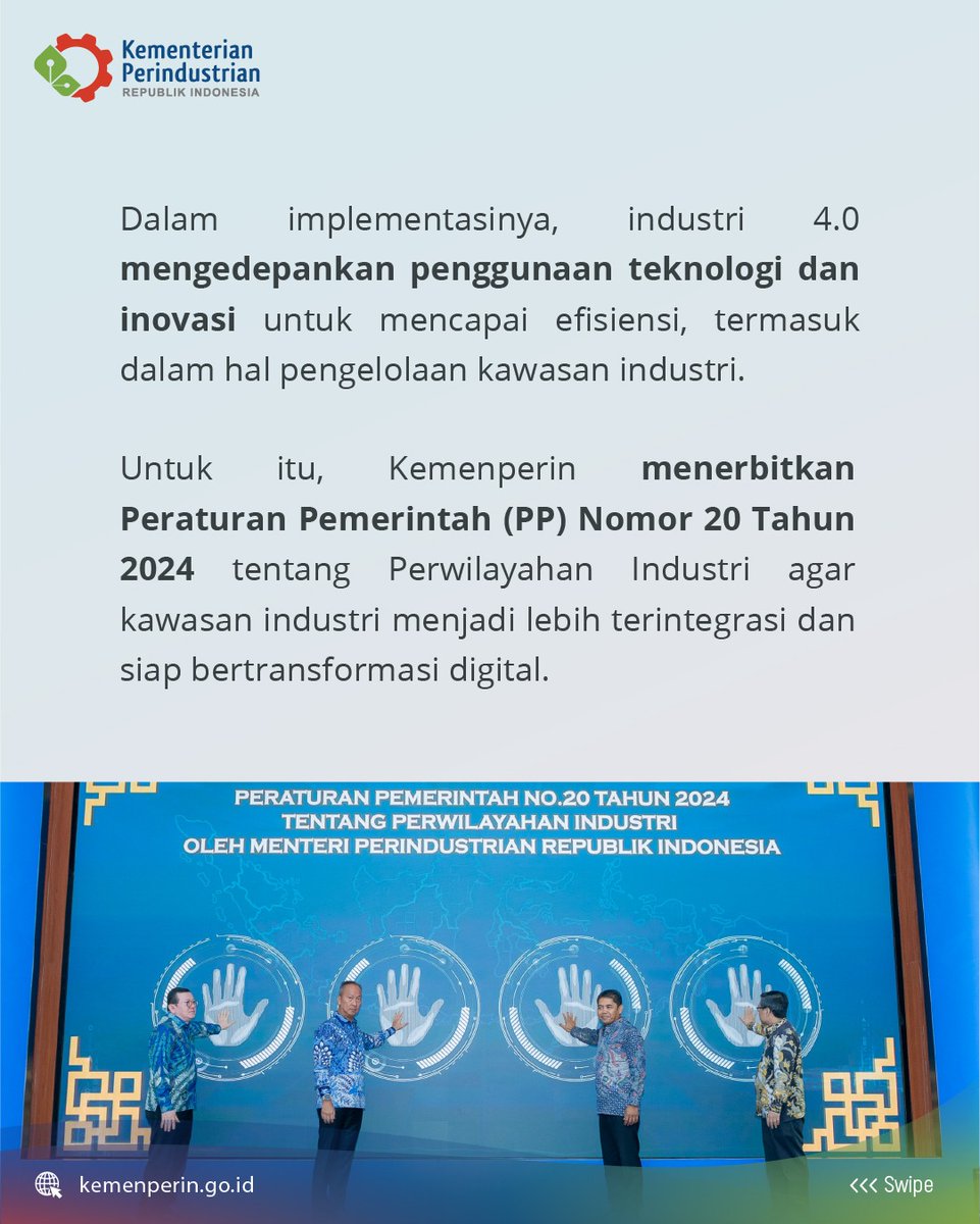 Kemenperin_RI's tweet photo. Salah satu langkah penting adalah dengan penerbitan PP Nomor 20 Tahun 2024 tentang Perwilayahan Industri. Dengan peraturan ini, diharapkan industri di Indonesia dapat lebih terintegrasi dan siap bertransformasi digital.

#infoperin #jagaindustri #PP20 #kawasanindustri https://t.co/Ku58ea7TNa