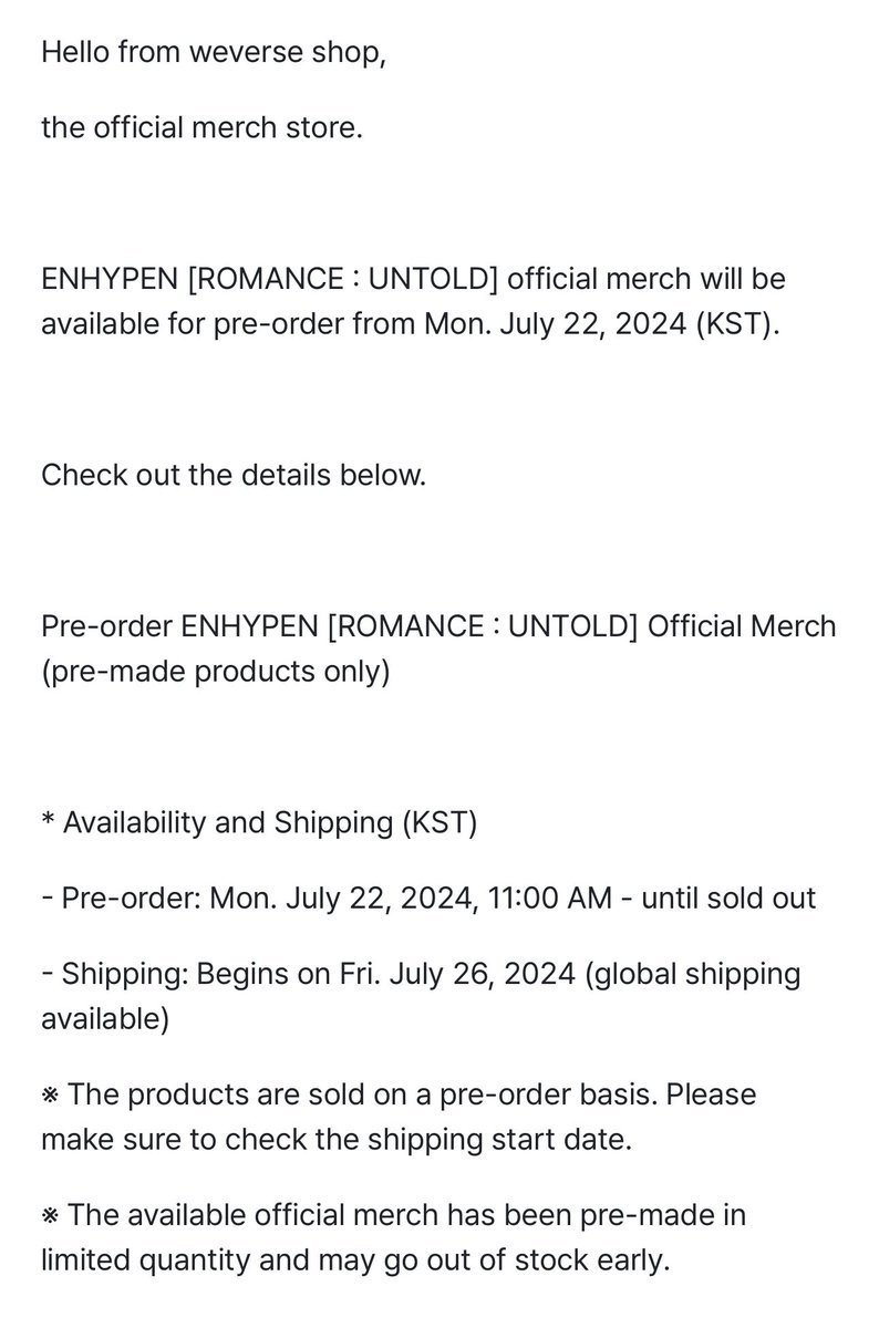 enhypenweverse's tweet photo. [INFO] 240719

‘ROMANCE : UNTOLD’ Official Merchandise Coming Soon on Weverse Shop!

🛍️ July 22 (11:00AM KST - until sold out)

@ENHYPEN_members @ENHYPEN #ENHYPEN #엔하이픈 #ROMANCE_UNTOLD https://t.co/RphnFPSn29