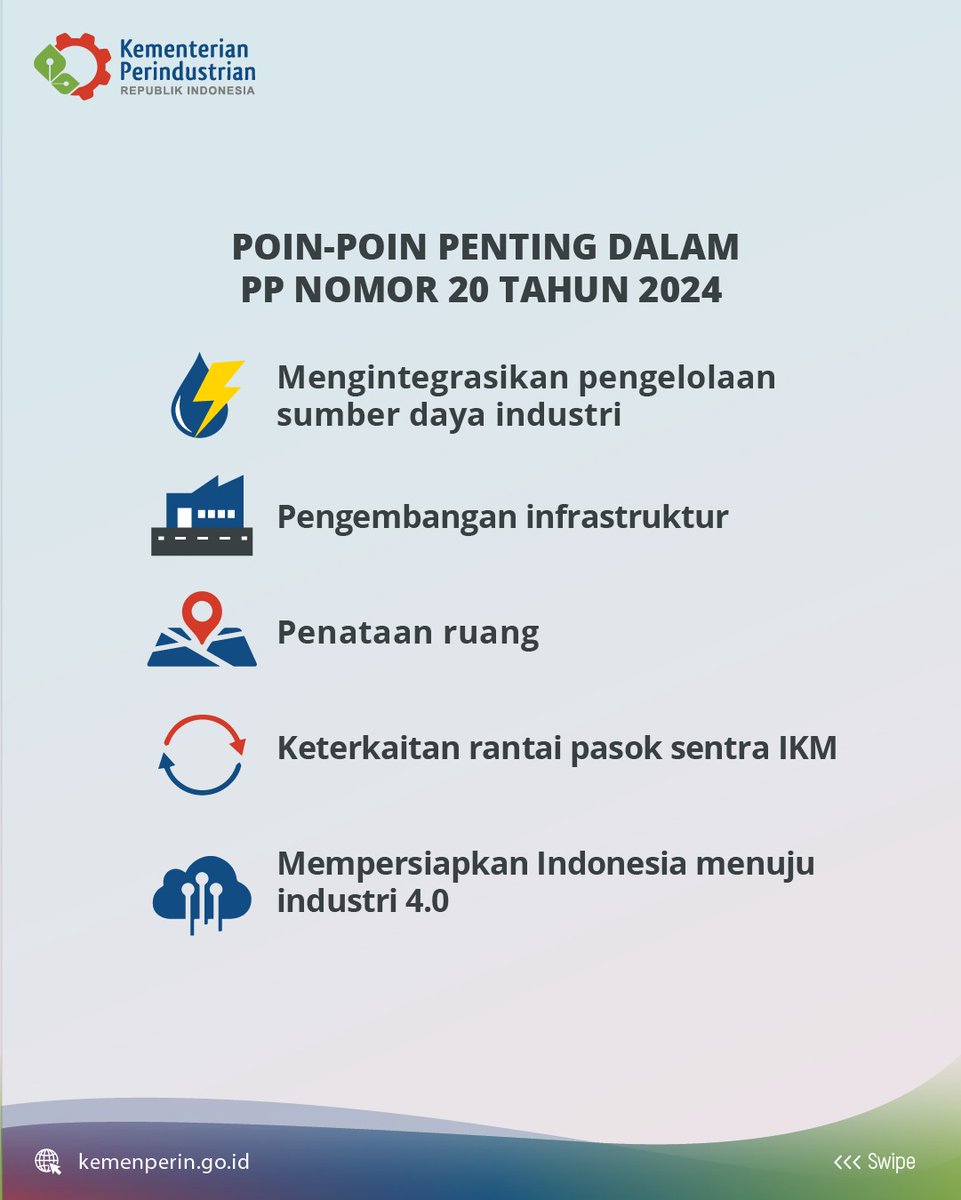 Kemenperin_RI's tweet photo. Salah satu langkah penting adalah dengan penerbitan PP Nomor 20 Tahun 2024 tentang Perwilayahan Industri. Dengan peraturan ini, diharapkan industri di Indonesia dapat lebih terintegrasi dan siap bertransformasi digital.

#infoperin #jagaindustri #PP20 #kawasanindustri https://t.co/Ku58ea7TNa