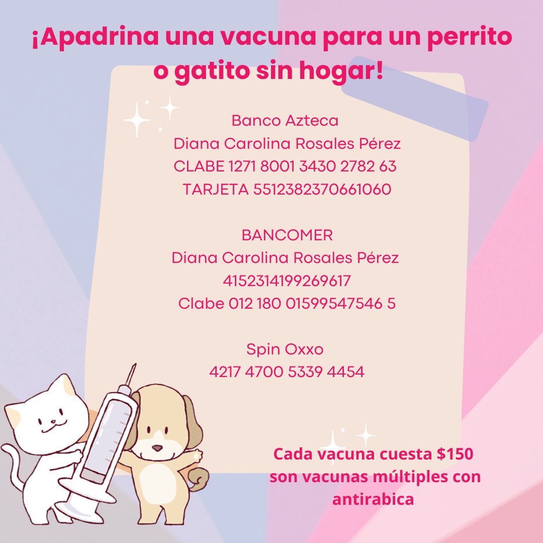 VIBRAmascotas's tweet image. Amigos no lo lograremos :( 
Mañana tenemos que ir por las vacunas y nos faltan. 
$4,050 😞
Alguien que nos dé una patita?
Banco Azteca 
Diana Carolina Rosales Pérez
CLABE 1271 8001 3430 2782 63 
TARJETA 5512382370661060

BANCOMER
Diana Carolina Rosales Pérez 
4152314199269617…