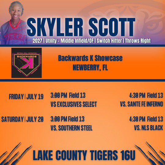 Skyler Scott | 2027 (@skylerscott2027) on Twitter photo Me and my team will be in Newberry this weekend at the <a href="/BackwardsKJax/">Backwards K Softball</a> tournament!! Last one with my girls before the summer ends!!
<a href="/SeminoleStateSB/">Seminole St Softball</a> <a href="/StetsonSoftball/">Stetson Softball</a> <a href="/FAMU_Softball/">Florida A&M Softball 🥎</a> <a href="/fswsoftball/">FSW Softball</a> <a href="/JAX_Softball/">Jacksonville Softball 🥎</a> @TCCeaglesSB <a href="/SFSCPanthers/">SFSCPanthers</a> <a href="/BCUsoftball/">Bethune-Cookman Softball 🥎</a> Me and my team will be in Newberry this weekend at the <a href="/BackwardsKJax/">Backwards K Softball</a> tournament!! Last one with my girls before the summer ends!!
<a href="/SeminoleStateSB/">Seminole St Softball</a> <a href="/StetsonSoftball/">Stetson Softball</a> <a href="/FAMU_Softball/">Florida A&M Softball 🥎</a> <a href="/fswsoftball/">FSW Softball</a> <a href="/JAX_Softball/">Jacksonville Softball 🥎</a> @TCCeaglesSB <a href="/SFSCPanthers/">SFSCPanthers</a> <a href="/BCUsoftball/">Bethune-Cookman Softball 🥎</a>