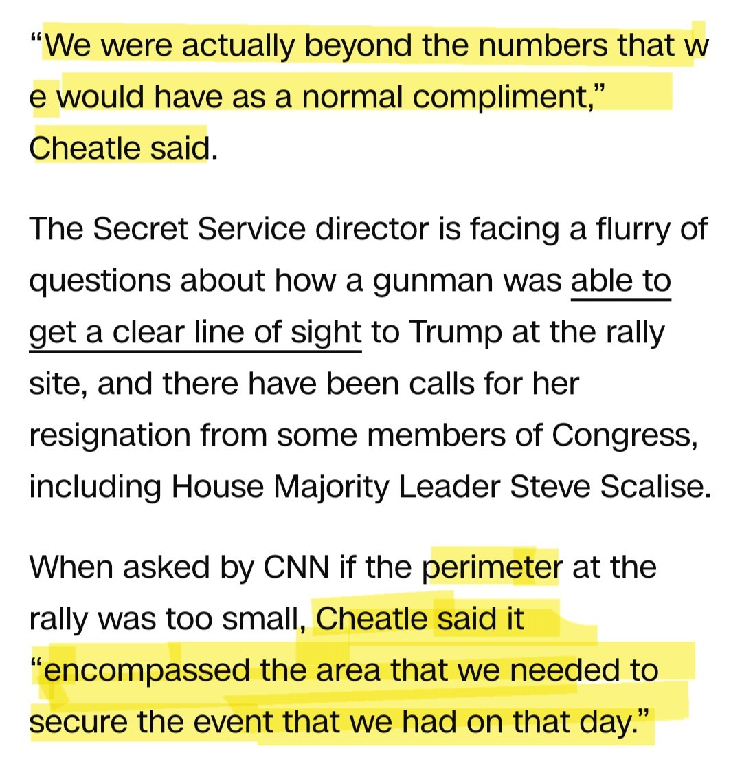 dimeday128's tweet image. This was either incredible incompetence or something far more nefarious. Cheatle claims "the perimeter was large enough to secure the event." This statement is so blatantly absurd that I'm not sure how anything she says going forward could be considered credible. 
#ResignCheatle