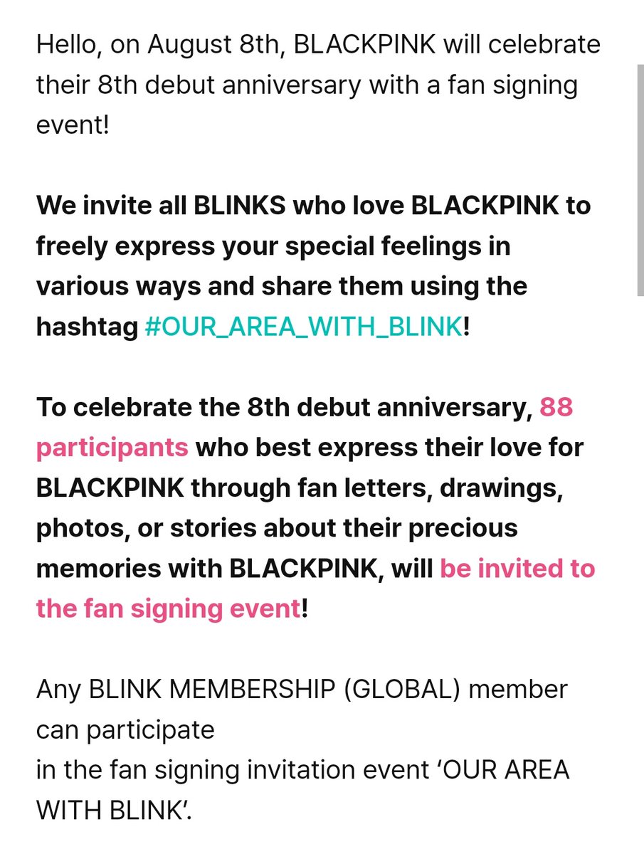 ForeverKimJisoo's tweet photo. BLACKPINK will have a Fan Signing Event for the 8TH ANNIVERSARY 'OUR AREA WITH BLINK'

"We invite all BLINKS who love BLACKPINK to freely express your special feelings in various ways and share them using the hashtag #.OUR_AREA_WITH_BLINK!"

This is the time for #JISOOfans to participate and have face to face meet-up with #JISOO, and wish her a happy 8th anniversary as an idol. 

Shower our Jisoo some love and encouragement, yeah? 🎉