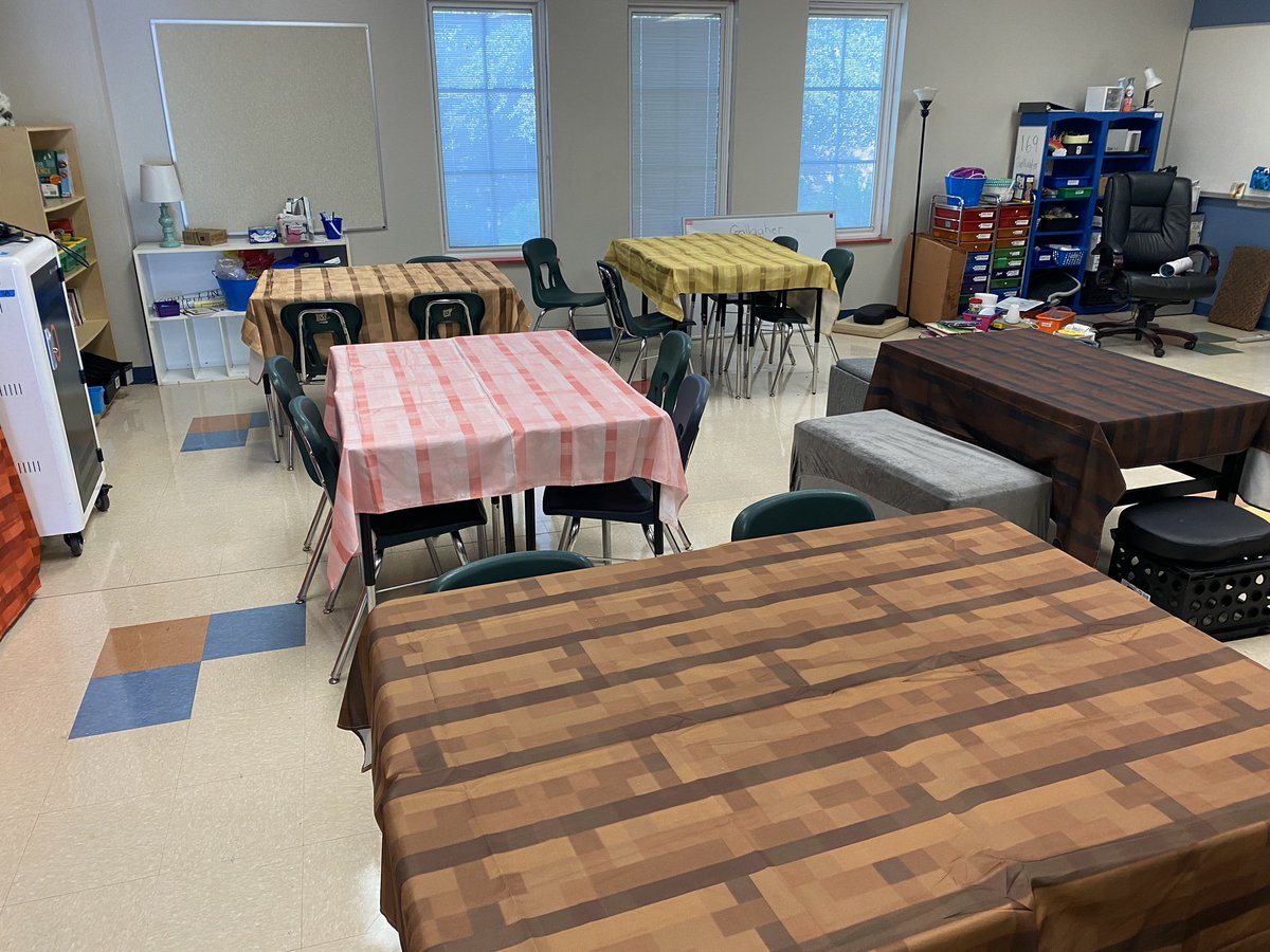 My #Minecraft #classroom is coming along with these custom tablecloths! Im obsessed!!  Any Minecrafters want to help make it even better?! t.ly/56RAj