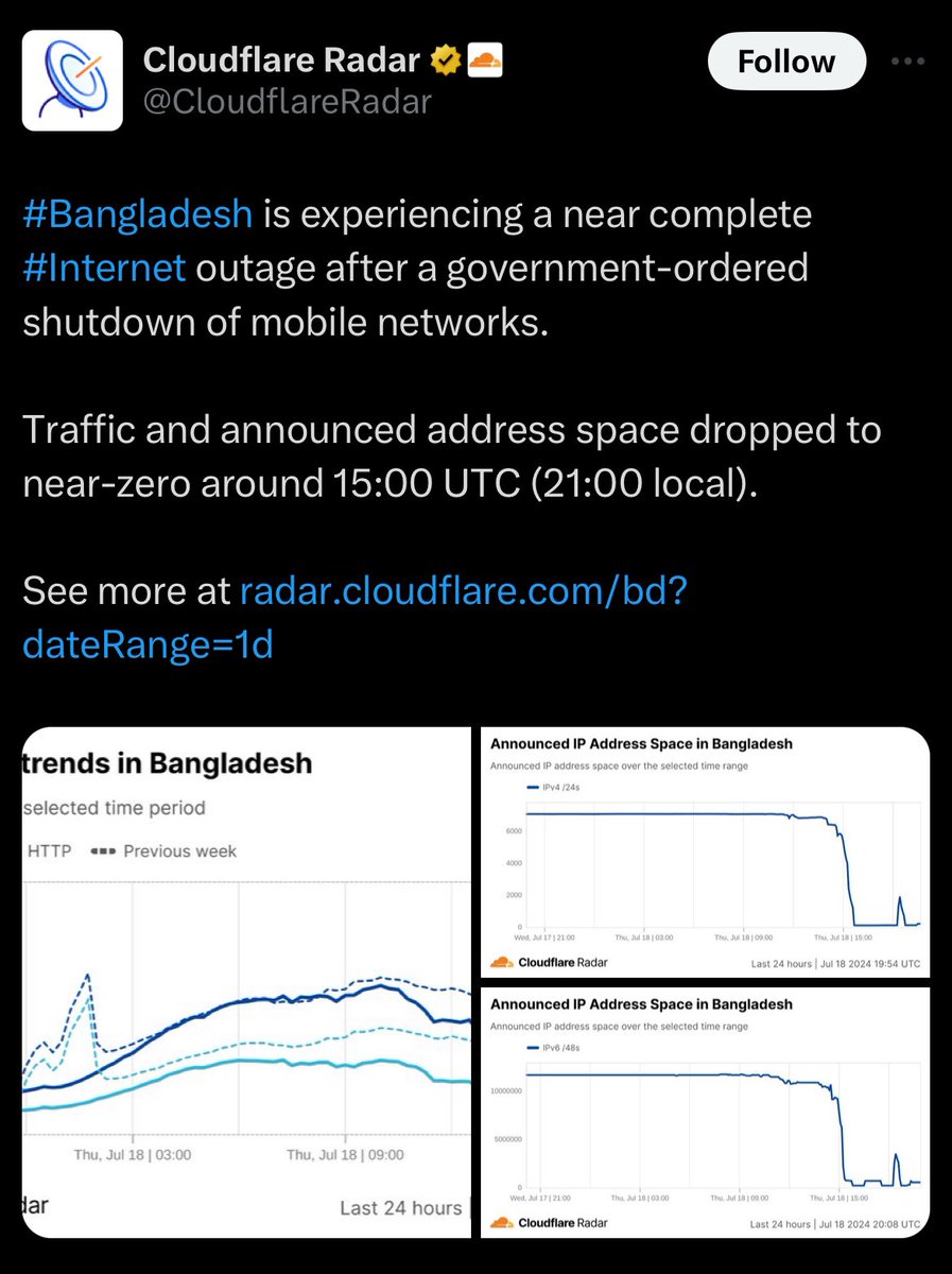 mydulii's tweet photo. The autocratic government has shutdown internet access and mobile network in the country so that the outside world doesn't know what's happening in #Bangladesh.

A BLACK NIGHT FOR THE NATION!

#SaveBangladeshiStudents 
#StarLinkforBangladesh
#StudentsUnderAttack https://t.co/IcxL1CtlWL