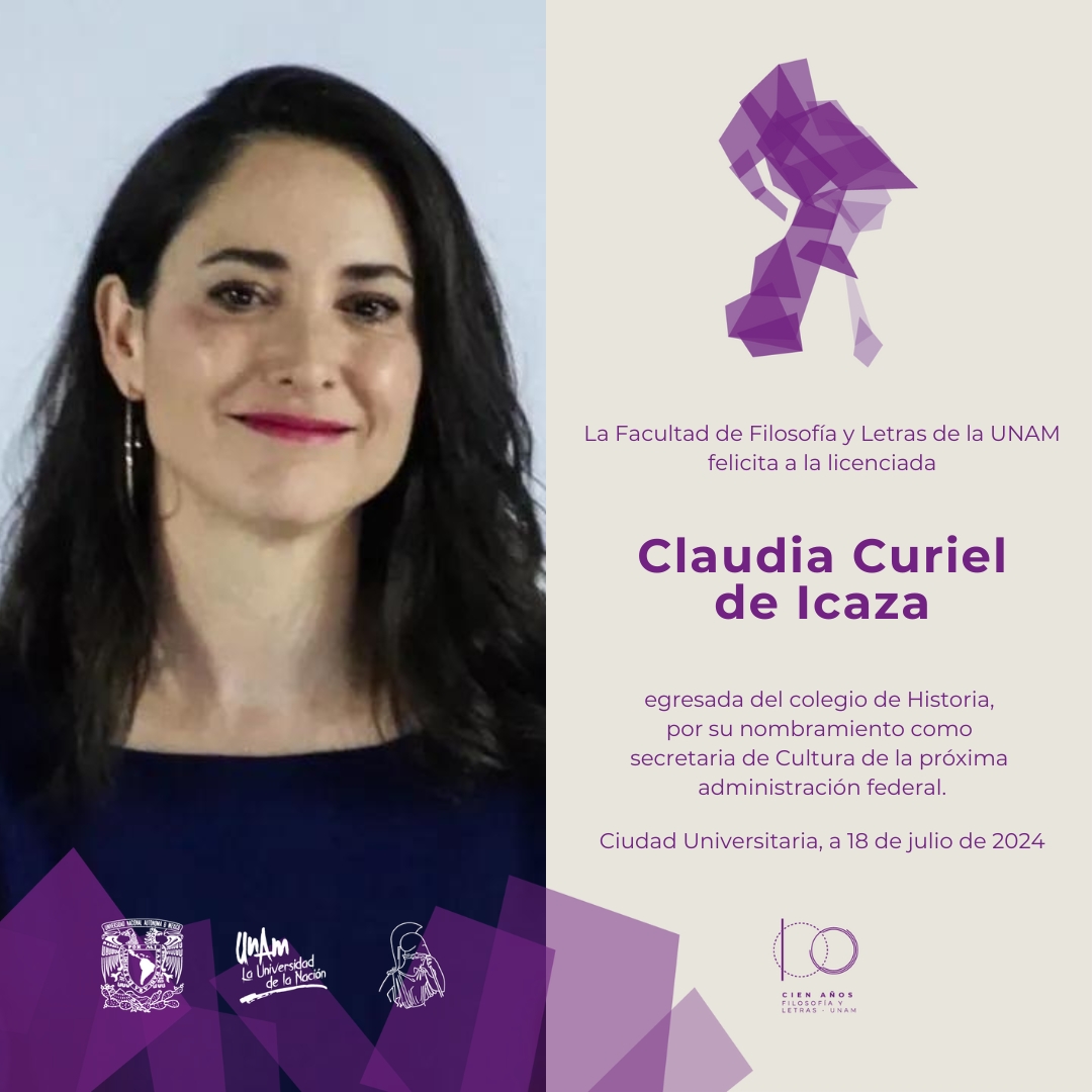 filos_unam's tweet photo. #UnGoyapara Claudia Curiel (@ccurieldeicaza)  #EgresadaFilos por su nombramiento como próxima secretaria de Cultura de México.

#FILOS100 https://t.co/Nx7nNeUO8F