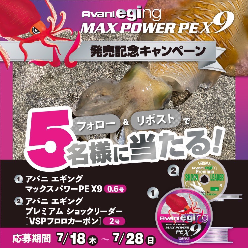 「フォロー＆リポスト」で当たる❗
　
『アバニ エギングマックスパワーPE X9』
発売記念キャンペーン開催！✨

「フォロー＆リポスト」をしていただいた方の中から抽選で5名様に下記のセットをプレゼント！

・アバニ エギング マックスパワーPE X9　0.6号
・アバニ  エギング