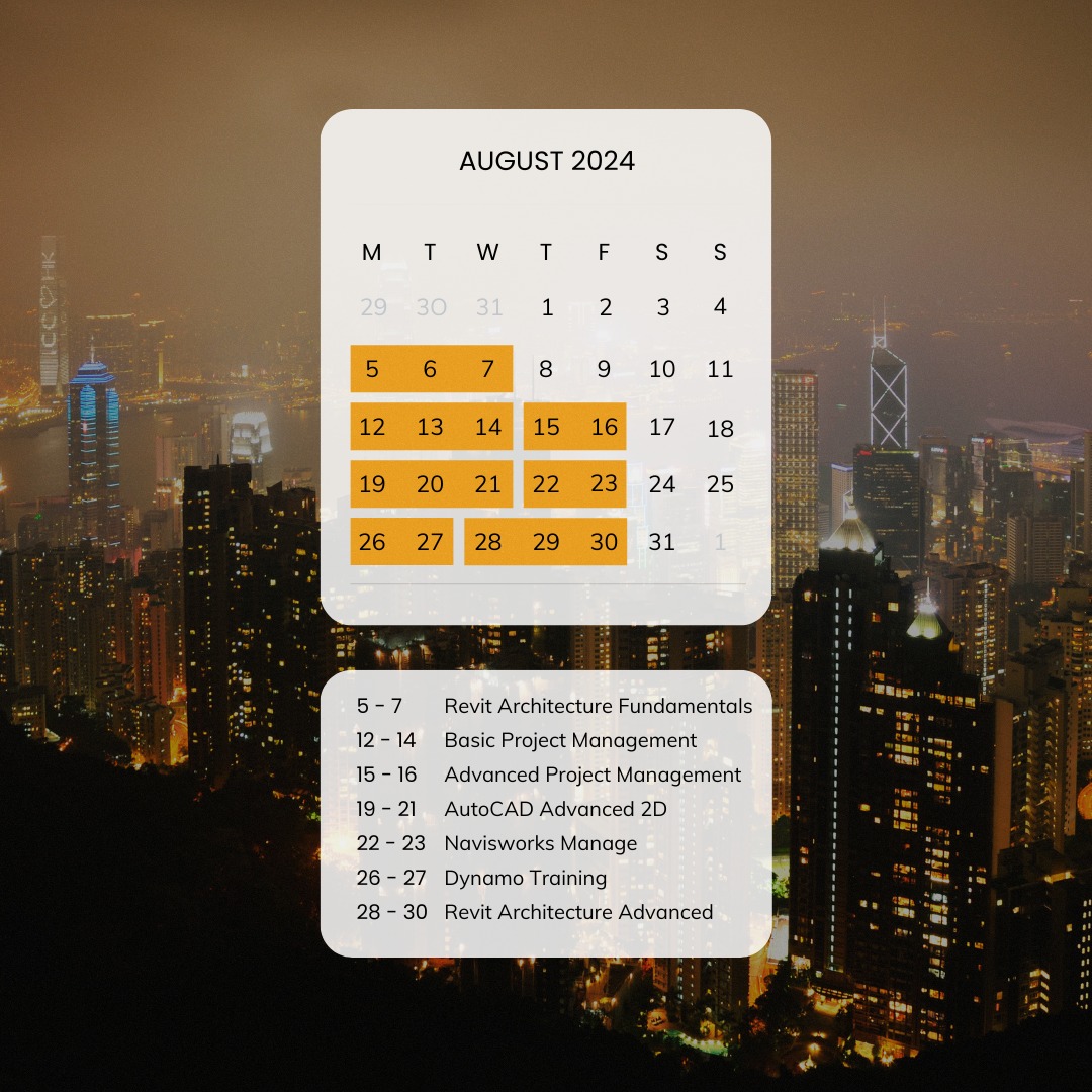 CSGlobalGroup's tweet photo. Training Calendar for August'24

12 - 14 | Basic Project Management
5 - 7 | Revit Architecture Fundamentals
15 - 16 |Advanced Project Management
19 - 21 | AutoCAD Advanced 2D
22 - 23 | Navisworks Manage
26 - 27 |Dynamo Training
28 - 30| Revit Architecture Advanced https://t.co/7qzmHA0FUw
