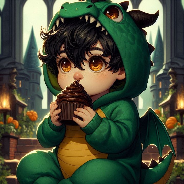 “Amber eyes and fluffy hair, this little dragon’s appetite can only be satisfied by his favorite food — chocolate cupcakes.”