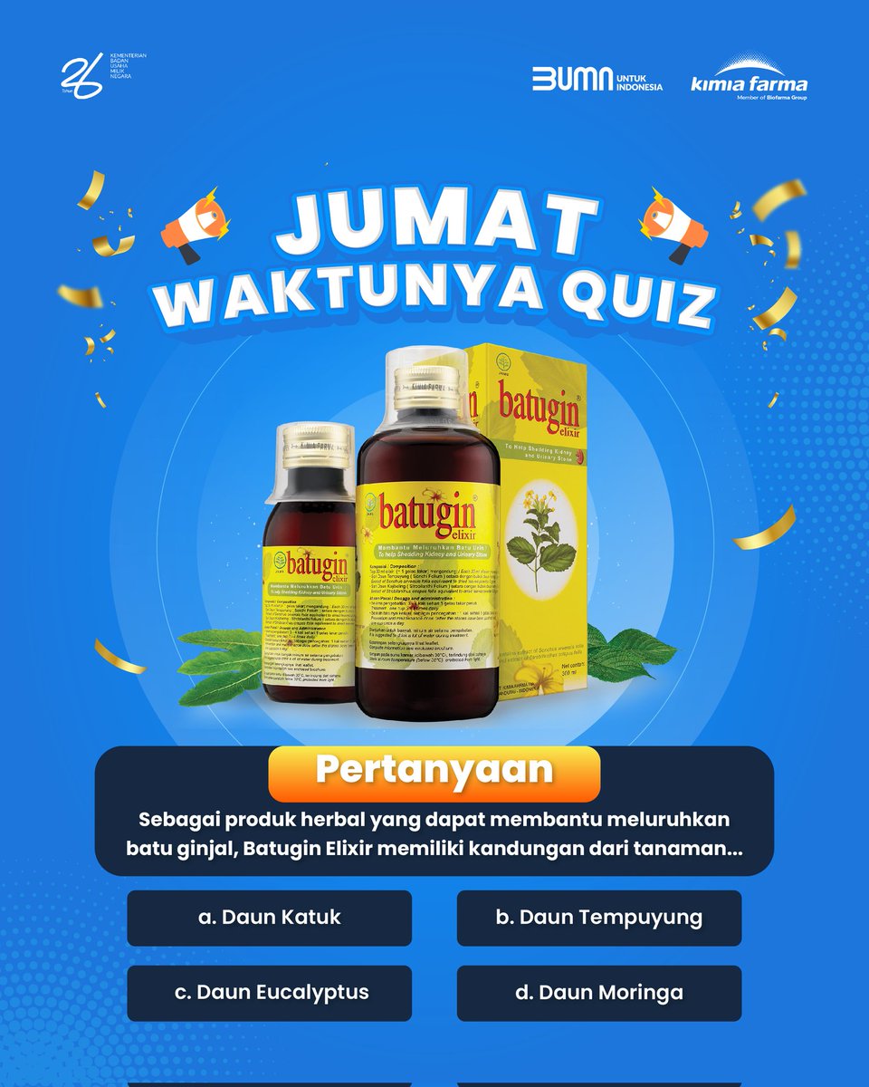 kimiafarmaind's tweet photo. Jumat waktunya quiz! Sebagai produk herbal yang dapat membantu meluruhkan batu ginjal, Batugin Elixir memiliki kandungan dari tanaman...

Yuk jawab di kolom reply dan tag tiga (3) temanmu untuk ikutan quiz ini juga yaaa~ 🥰🤩😊

#IngatSehatIngatKimiaFarma #quiz #kuistwitter https://t.co/dFsdFAHyX5