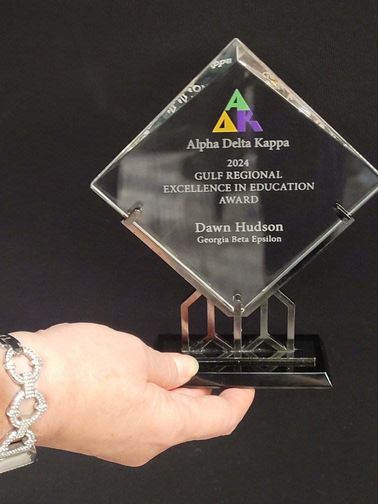 DawnHudsonLLC1's tweet photo. From GA Alpha Delta Kappa the Excellence in Education (EiE) award -Congrats to Dawn Hudson, Gulf Region winner—GA first ever recipient - trophy and $1000 from the AΔK Foundation.  She moves to final round judged by Intl committee with winner announced in Austin, TX, in 2025. https://t.co/5A3OjMOBaW