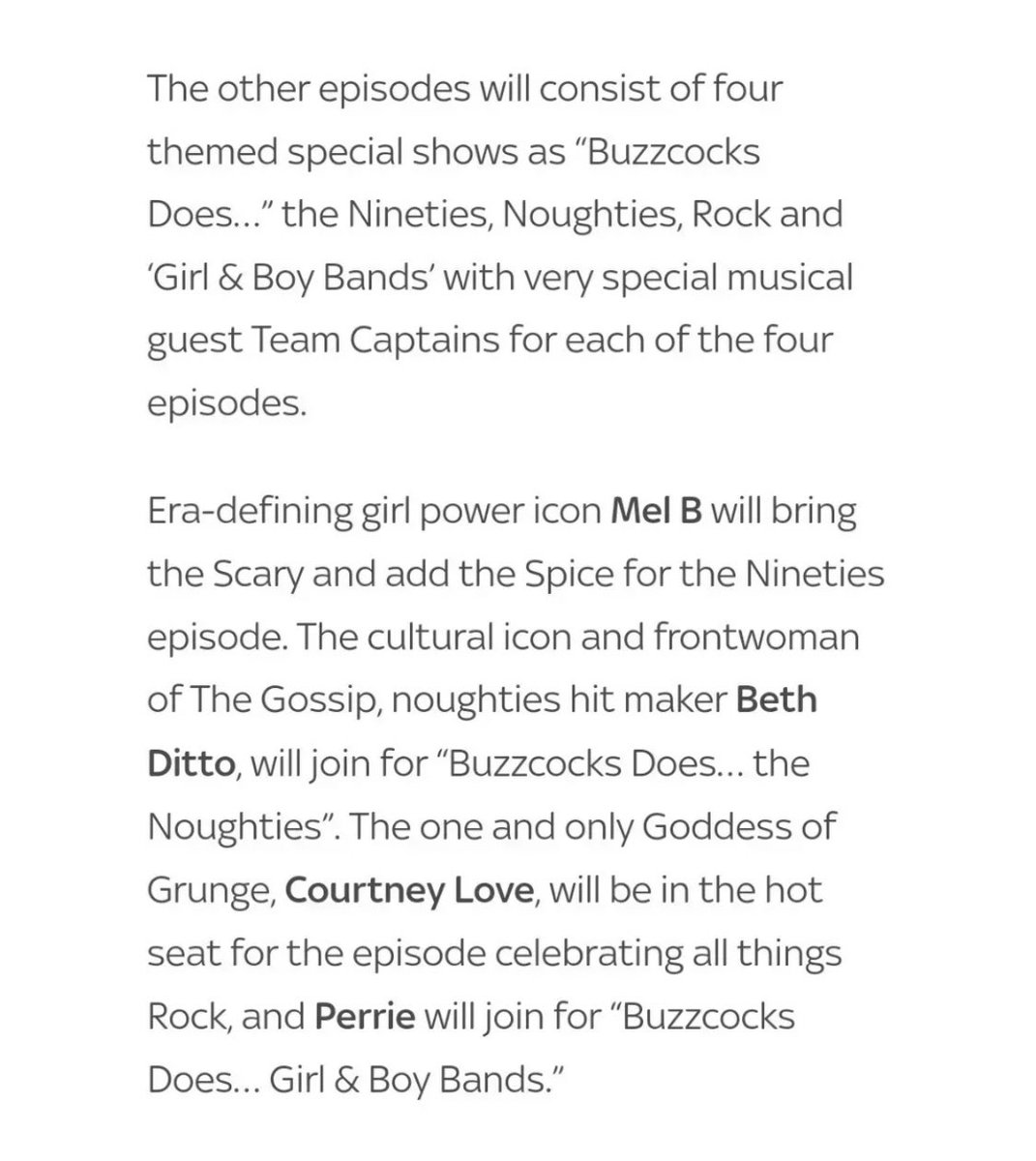 s_ffron7's tweet photo. The new Buzzcocks series looks fun!
Noel Fielding and Courtney Love reunion!
Perrie will be on the girl band special. Hope they’ll be even more music legends appearing too! 😁🤘🏻#NeverMindTheBuzzcocks #NMTBC #Music #Comedy #Specials https://t.co/9mRyw1jfnD