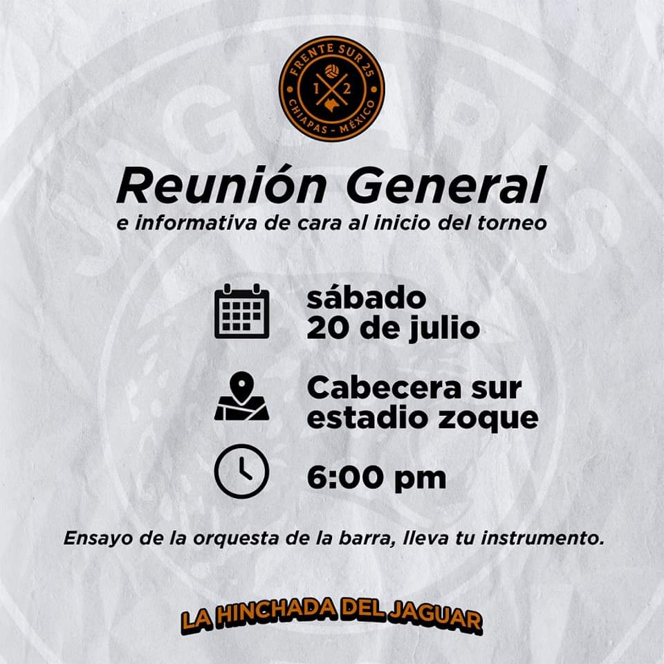 FrenteSur25's tweet photo. Nuestro amor por el club va más allá, es por eso que alentaremos al equipo de nuestros amores y revivir la fiesta del fútbol chiapaneco, los invitamos a la junta general para hablar temas referentes al inicio del torneo en liga premier.

PAZ, UNIDAD, ALIENTO Y CARNAVAL https://t.co/ew3wK5e0Vf