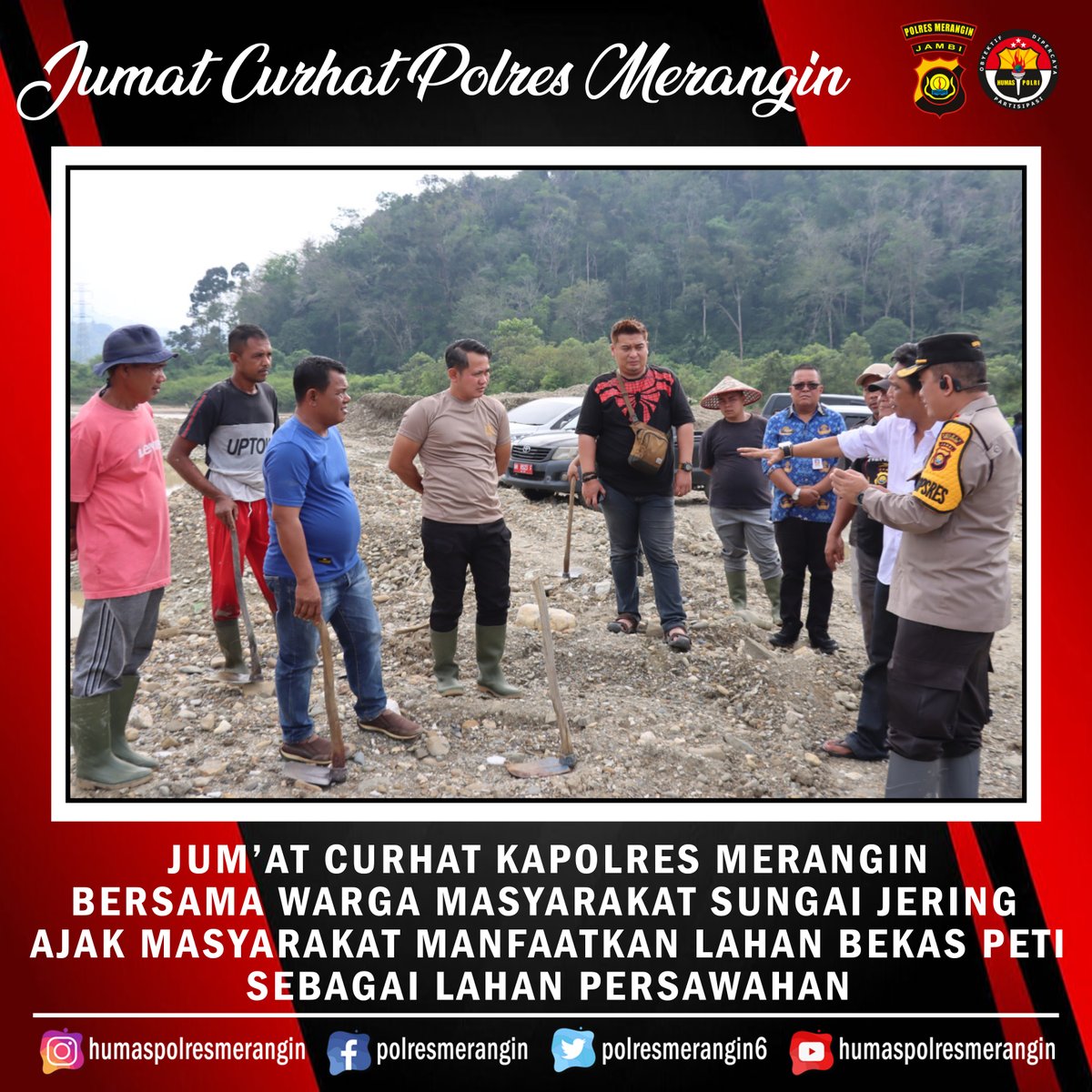 PolresMerangin6's tweet photo. Jum'at Curhat Kapolres Merangin Bersama Warga Masyarakat Sungai Jering Ajak Masyaakat Untuk Memanfaatkan Lahan Bekas Peti Sebagai Lahan Persawahan

#jumatcurhat
#polresmerangin
#poldajambi
#kapolresmerangin
#merangin https://t.co/64f0ZGwJCi