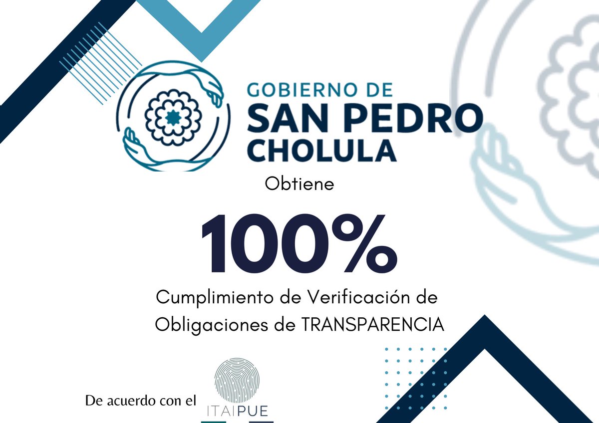 El Gobierno de #SanPedroCholula, ha obtenido un 100% en la Verificación de Obligaciones de Transparencia del ITAIPUE, por segunda ocasión✨.

Este logro destaca nuestro compromiso con la transparencia y la rendición de cuentas. 🏛️🔍

¡Gracias por su confianza!