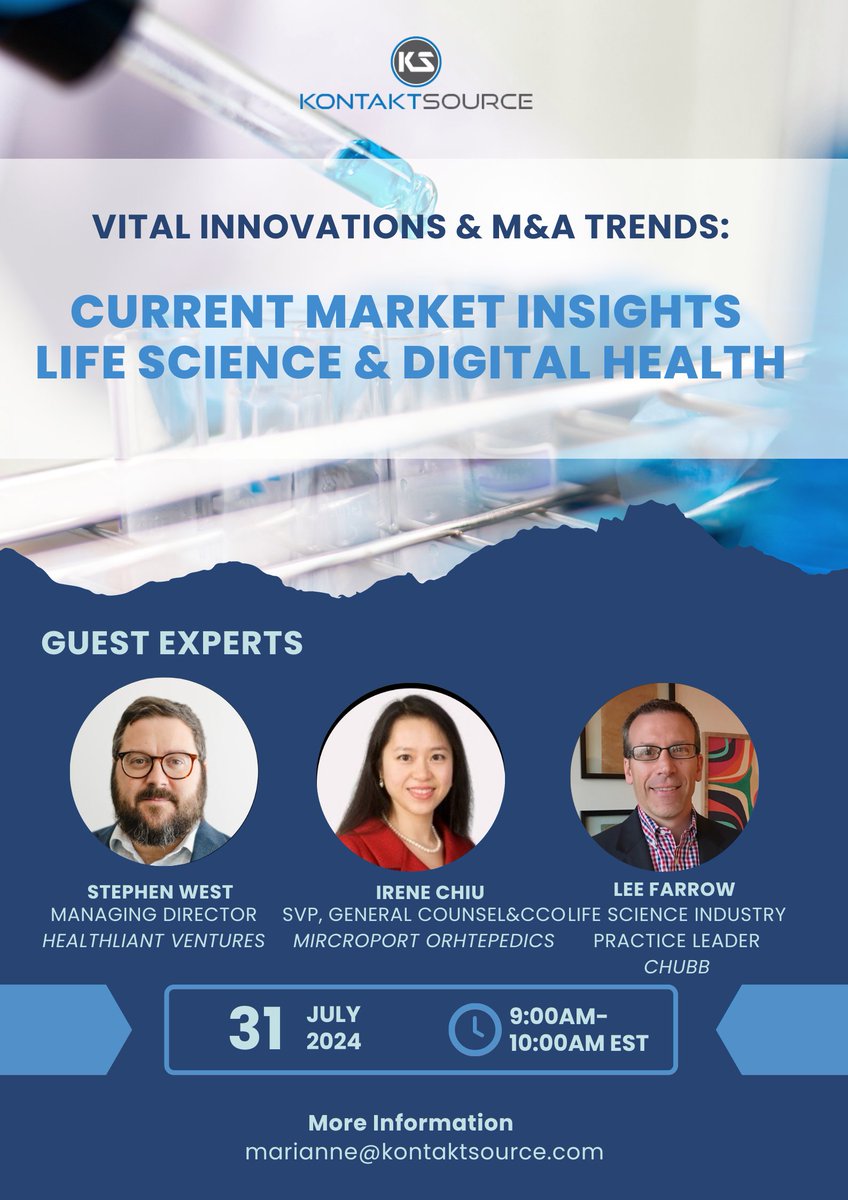 kontaktsource's tweet photo. Join us for our virtual event on "Vital Innovations &amp; M&amp;A Trends: Life Science &amp; Digital Health" Wednesday, July 31st. 
Register now using this link: https://t.co/u6tUmyCbLN
See you there! 

#LifeSciences #DigitalHealth #Healthcare #MandA #Networking https://t.co/Cp7spnNppW