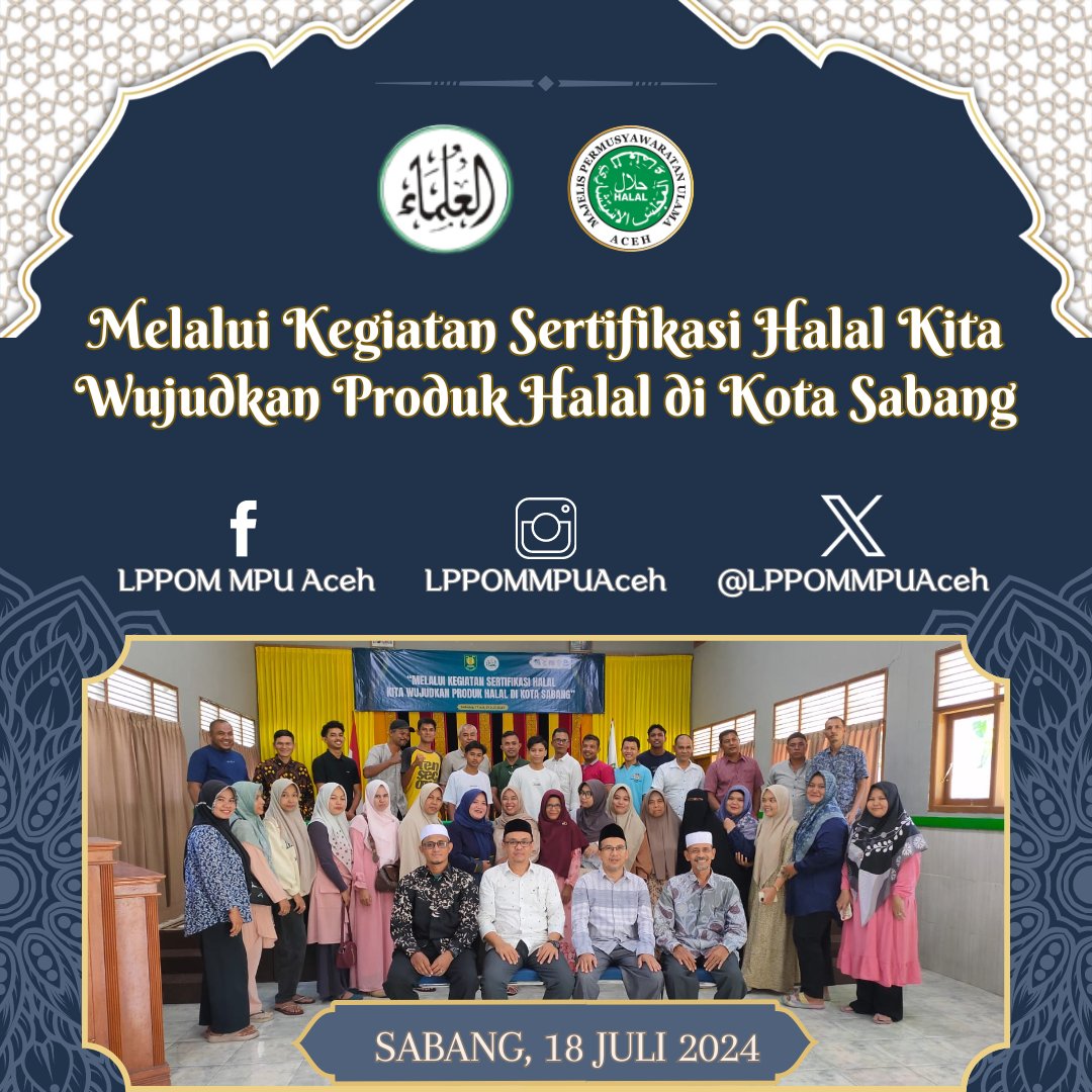 Kegiatan sertifikasi halal yang diselenggarakan oleh MPU Kota Sabang.  Sekretaris LPPOM MPU Aceh bersama Kabid. Audit dan  Sistem Jaminan Produk Halal memberikan Bimbingan teknis terkait sertifikasi halal bagi pelaku usaha di Kota Sabang