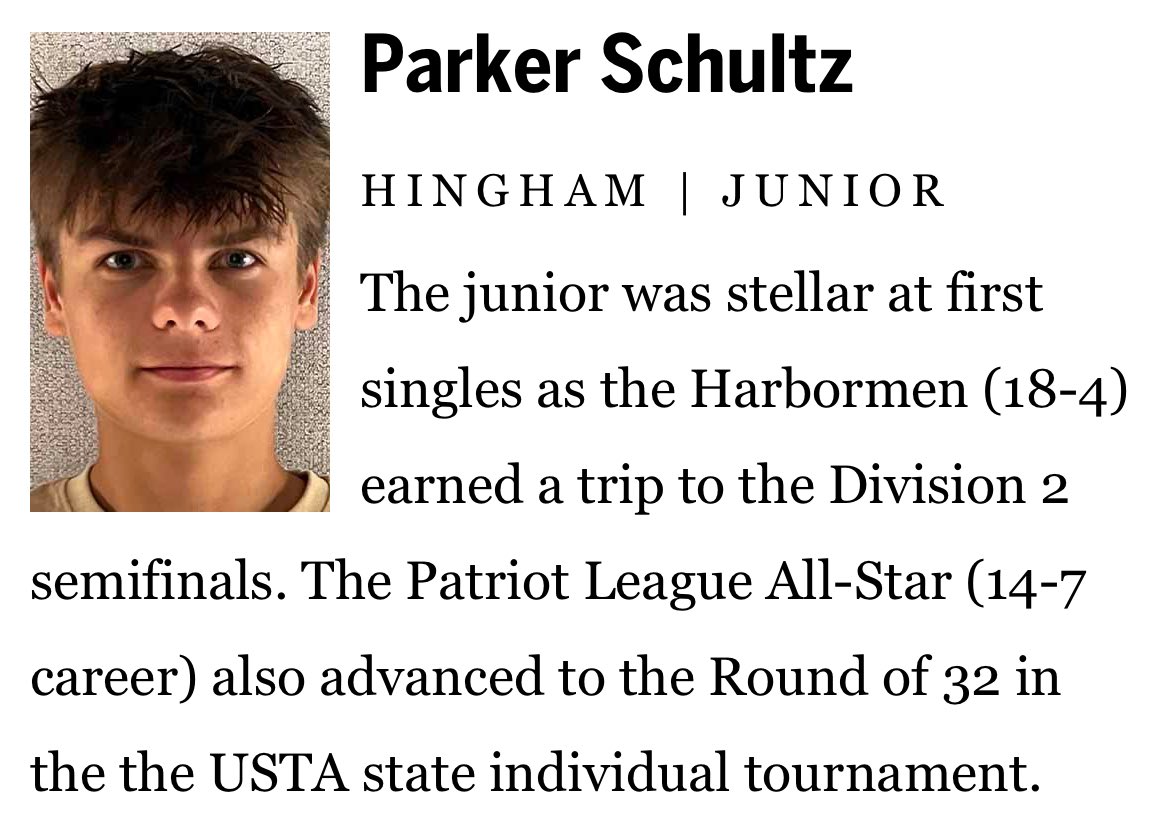 Congratulations to Parker Shultz and his selection to the Boston Globe 2023-24 Boys Tennis All-Scholastics!  This is amazing awesome achievement for our bona fide number one!  Way to go, Parker! <a href="/HarbormenNews/">HinghamHSAthletics</a>