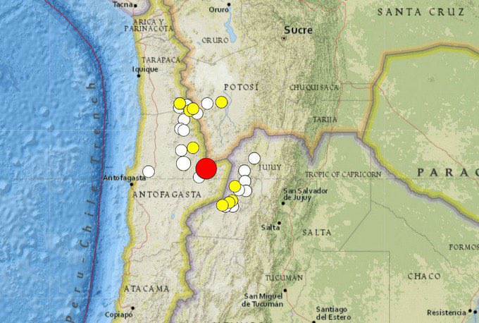 ALERTADETEMBLOR's tweet photo. 🛐TEMBLOR ACTUALIZADO 7.3 SAN PEDRO DE ATACAMA

SE DESCARTA TSUNAMI PARA LS COSTAS DE CHILE

Hora Local: 2024/07/18 21:50:47, mag: 7.3, Lat: -23.09, Lon: -68.14, Prof: 165.5, Loc : 19.88 km al S de San Pedro de Atacama https://t.co/vDXA228cGj