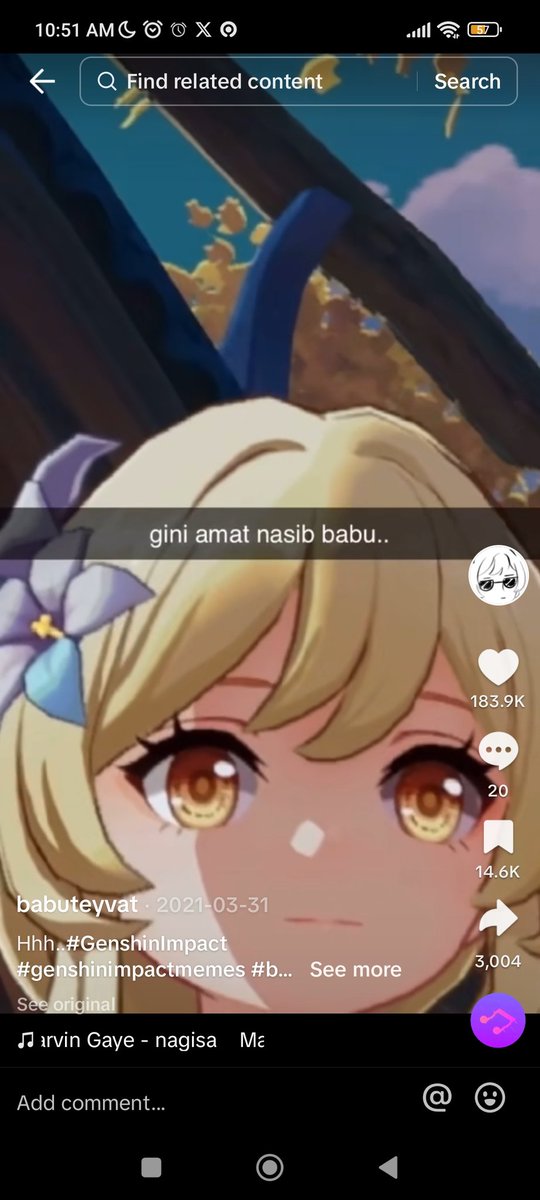 gluettony's tweet photo. @Juliadumbkitty @PeepawRichter Pretty sure it was this specific Genshin video back in 2021 on TikTok, At the end of the video it has this caption of "gini amat nasib babu" which uses an Indonesian language. Though most of the comments from people who said that have been deleted/flooded

https://t.co/PA0NHW07Hb https://t.co/eYSs7yfIyt