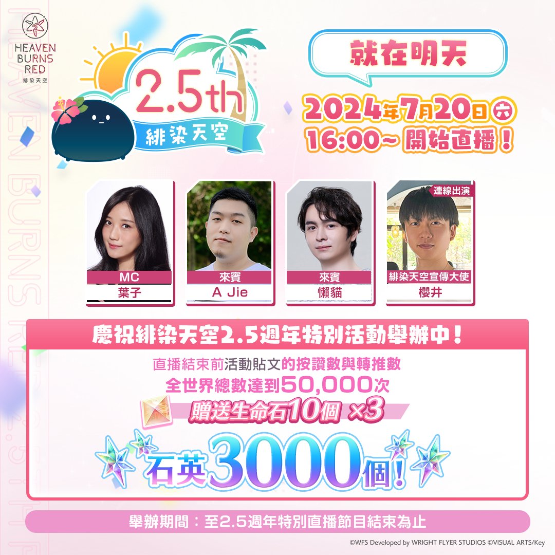 ／
#夏天來了緋染天空 慶祝2.5週年社群網站特別活動！
＼

包含本貼文在內的全語言的活動貼文反應數
合計突破50,000件，即贈送【所有人3000石英💎＆生命石10個×3】🎁
帶來2.5週年最新情報！

明天16點開始！解禁2.5週年情報！
youtube.com/watch?v=V4h2LZ…

參加規則
wfs.games/campaign/heave…

#緋染天空