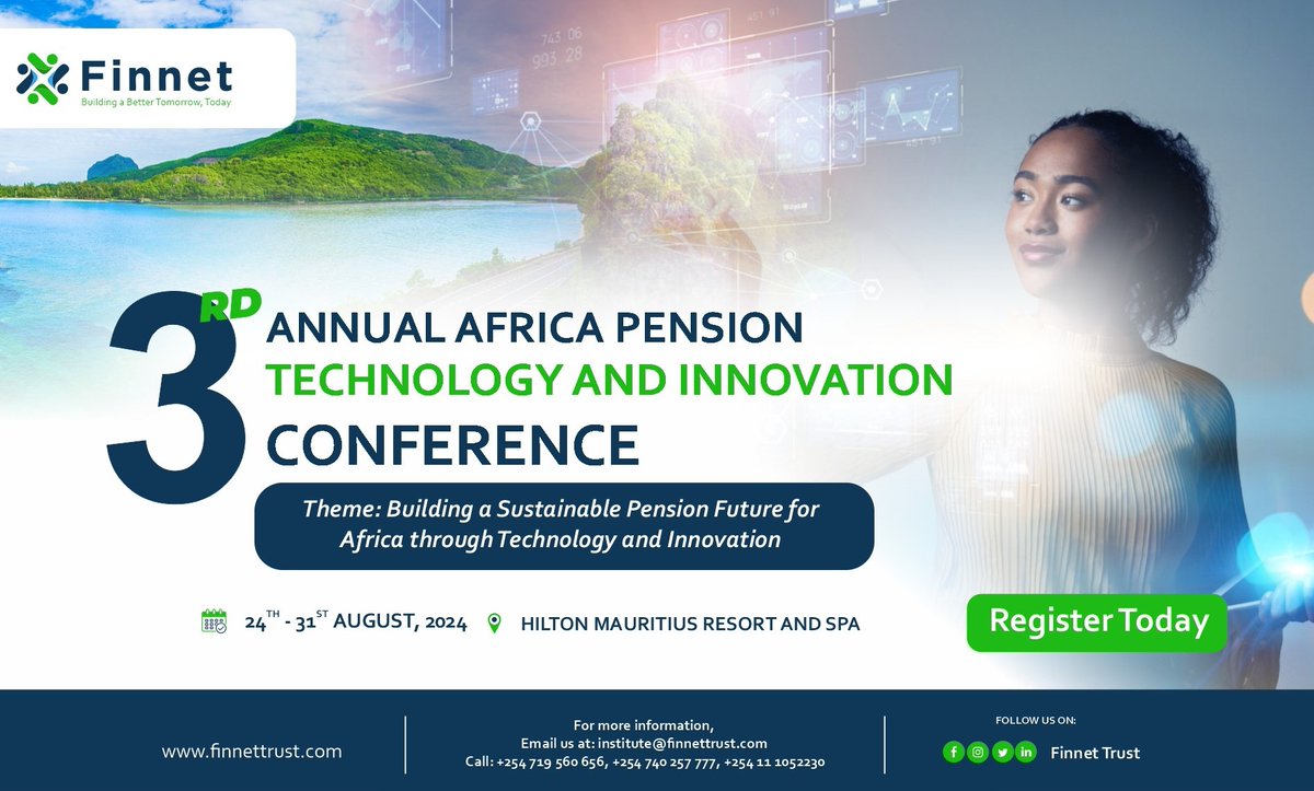 FinnetLtd's tweet image. Building on the success of the previous editions, the 3rd Annual Africa #PenTech &amp;amp; #InnovationConference returns to Mauritius this August from 24th-31st!  
Themed, &quot;Building a Sustainable Pension Future for Africa Through Technology and Innovation,&quot;