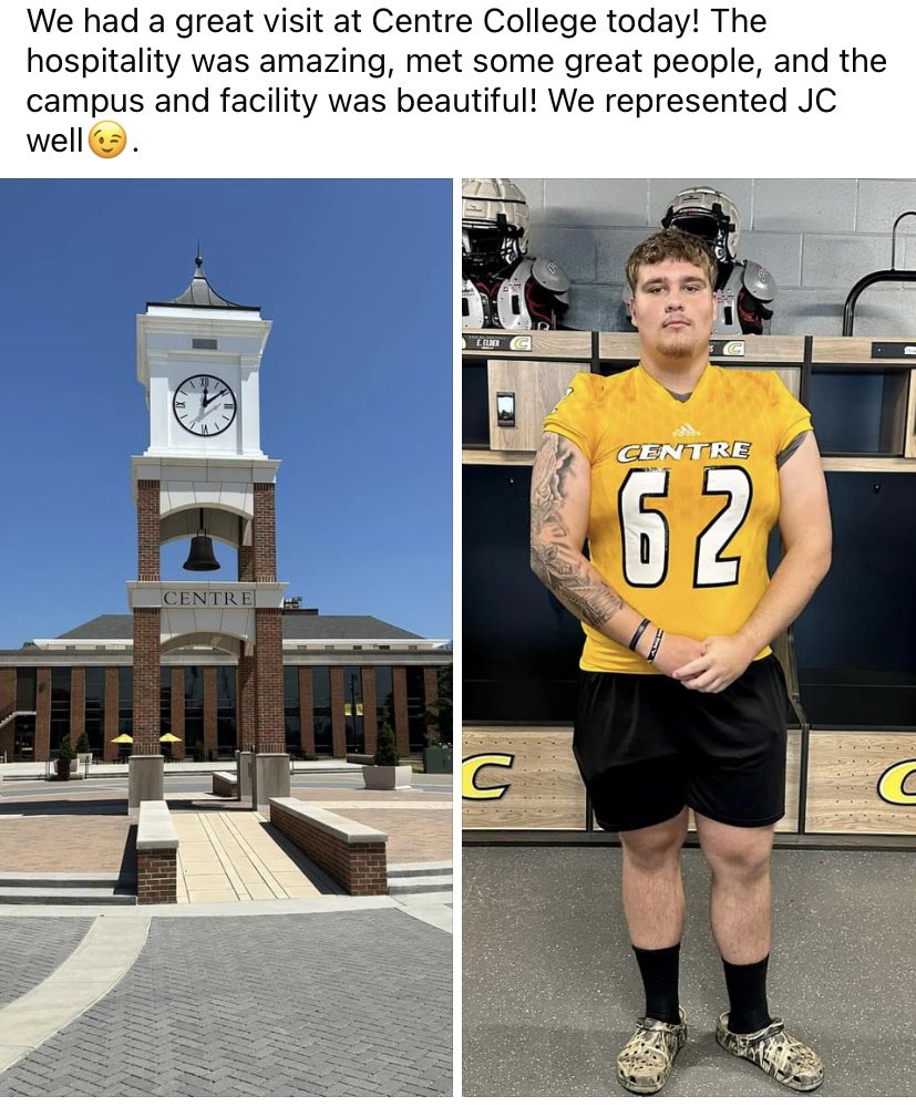 Johnson Central lineman <a href="/JonRatliff62/">Jonathan Ratliff</a> had a great visit at Centre College. 
<a href="/jphillipblair/">John Phillip Blair</a> 
@CoachJessePeck 
<a href="/JC_CoachArms/">Justin Arms</a>