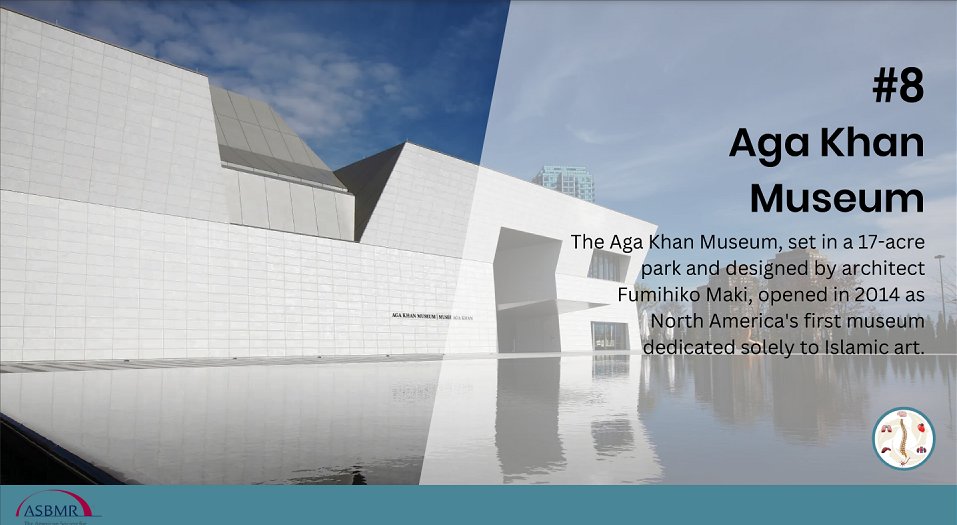 AngelaMCheung's tweet photo. #8 on our #TOP10 list of things to do in #Toronto for #ASBMR2024 attendees is the Aga Khan Museum. It's a beautiful space, exudes zen. Worth making the trip. Consider having lunch there @ASBMR @d_whittier @MichalLaurent11 @MaryBouxsein @KateAWard17 @bonehealthBHOF @OsteoUHN https://t.co/ty6jtXk5J6