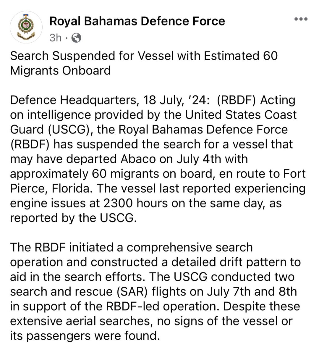OVS_Southeast's tweet photo. From Royal Bahamas Defence Force Headquarters: “Search Suspended for Vessel with Estimated 60 Migrants Onboard”
Read more 🔗 #RBDF Facebook- https://t.co/V3VXRO65sd
ℹ️ @TheRBDF website https://t.co/grEKr061Ba
#DontTakeToTheSea #OVS
@USEmbassyNassau @USCGSoutheast @DHSgov @USCG https://t.co/eKudeiU2Tn