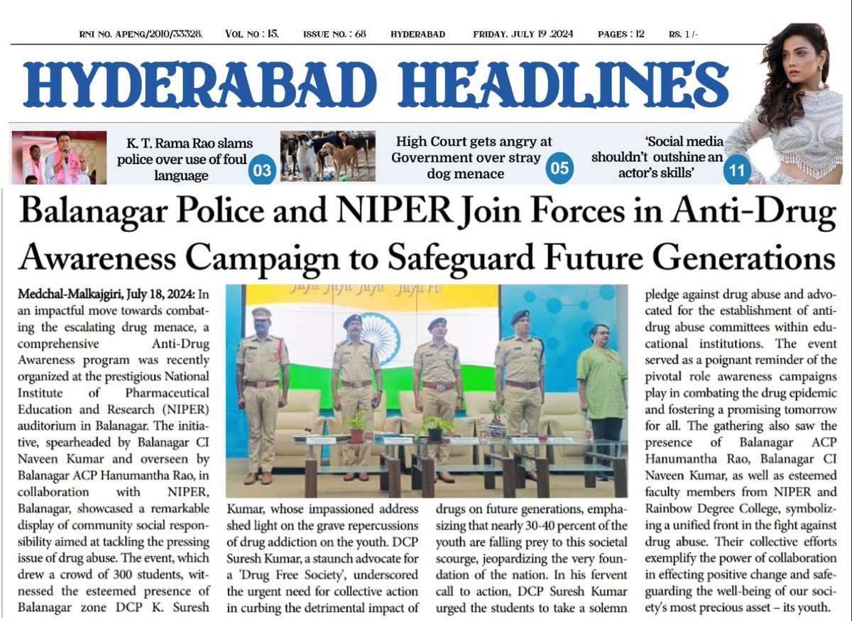 Hyd_Headlines's tweet image. &quot;Join us in the fight against drug abuse! Together with @BalanagarDCP &amp;amp; @psbalnagar_cyb, raise an awareness &amp;amp; empowering our youth to build a &apos;Drug Free Society&apos;. Let&apos;s stand united with @NIPERHyd to safeguard our future generations. #DrugFreeHyderabad #CommunityResponsibility&quot;