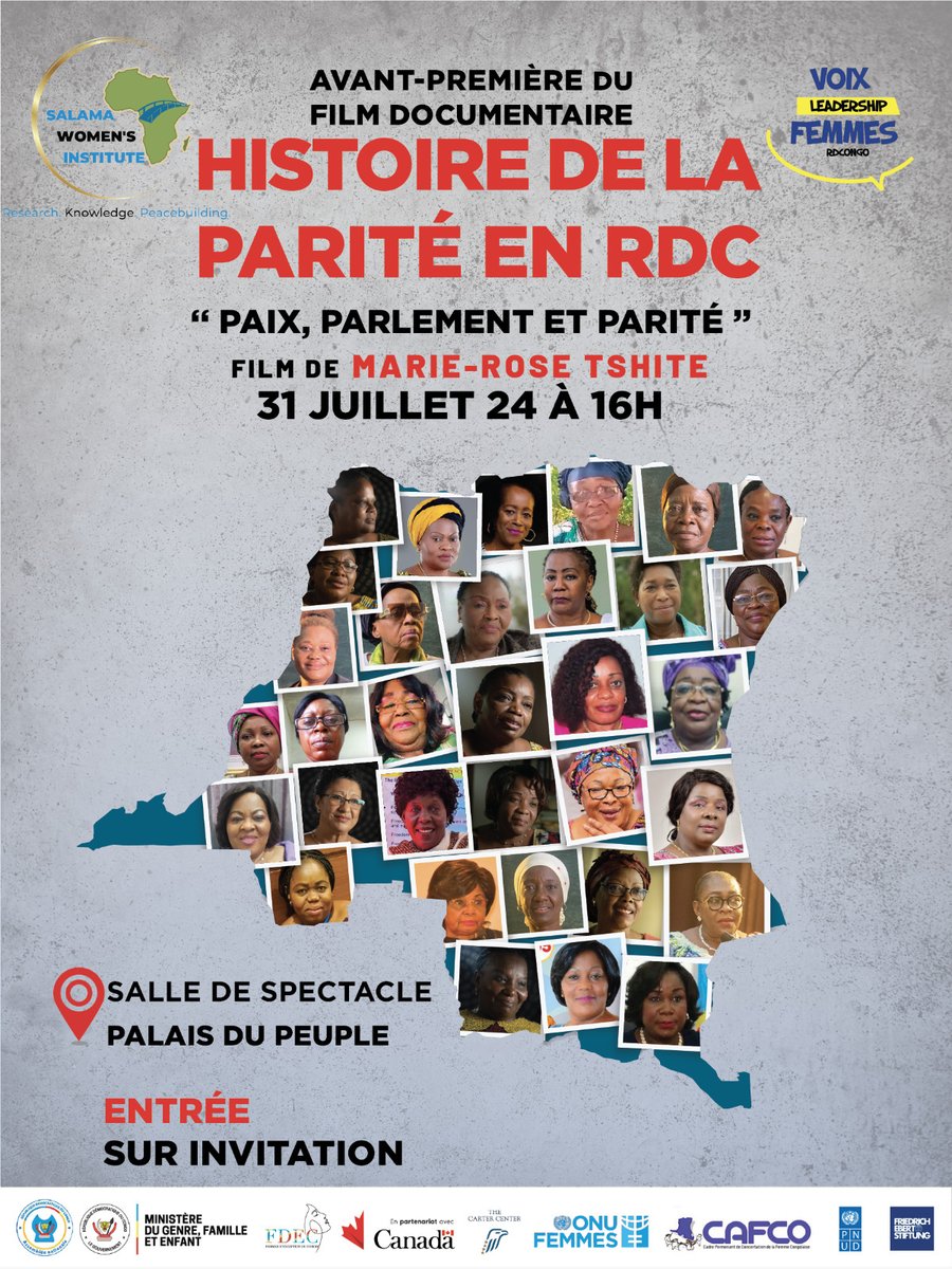 ⛔️ Avant-Première:
 "L'Histoire de la Parité en RDC - Paix, Parlement et parité"
 
Ce 31 Juillet

Ce film reprend le processus d’organisation des femmes, de leur activisme pdt le processus du dialogue Inter-Congolais, à la réunificat° du pays jusqu’à l’inscription de la parité.