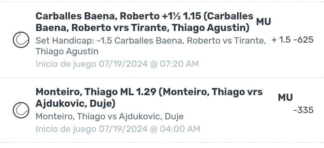 EcuadorTitansD's tweet photo. Apuesta de tenis para 19/07
Combinada 2 logros ✳️🫰
Stake: Apuesten responsablemente 😎 https://t.co/2IIMLPibcH