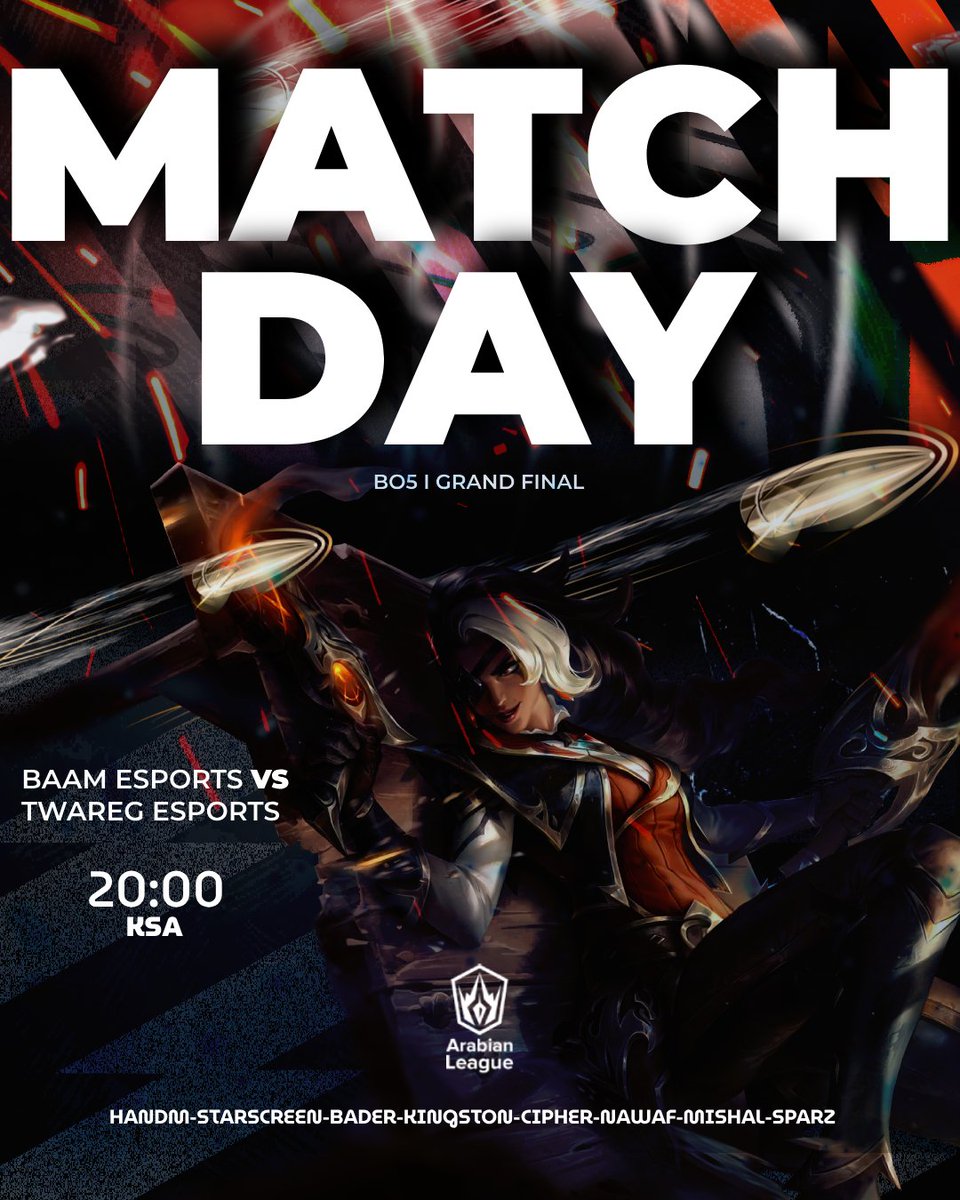 Arabian League Div 2 Grand Finals
Peak League of Legends
"8 pm ksa"
🆚️<a href="/TwaregEsports/">Twareg Esports</a> 🪄🪄
"بسم الله الذي لايضر مع اسمه شيء"
🙏🏼اللهم احفظنا من شر الDejavu🙏🏼
#BAAMinEWC
#EWC
P.S. <a href="/Handm_lol/">handm</a> أسطورة