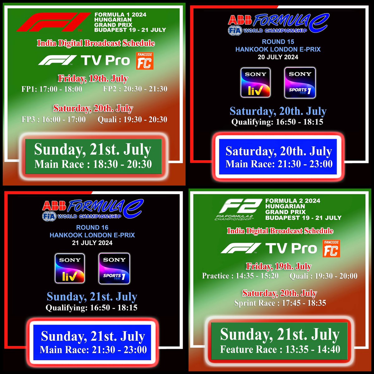 cfmagindia's tweet photo. The #HungarianGP 🇭🇺 & #LondonEPrix 🇬🇧 schedule of this weekend, all in one! 💪💪
F1 / F2 ➡️ #F1TVPro & #FanCode
#EPrix ➡️ @SonySportsNetwk / @SonyLIV
#JehanDaruvala #KushMaini #India #IndianF1Fans #SaddaPlan #NammaPlan https://t.co/WUbCZh1Jpl