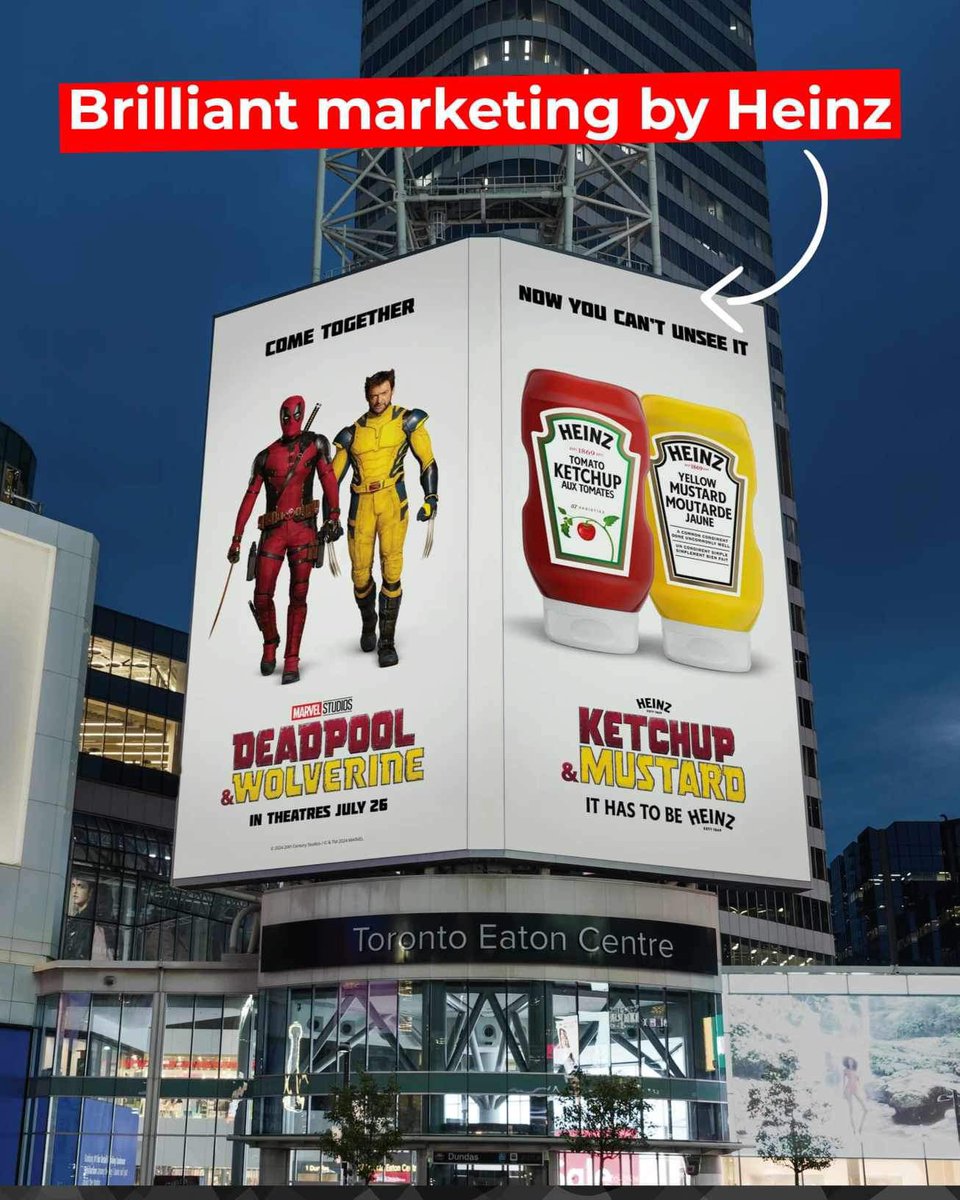 MarketingMind_'s tweet photo. Heinz takes over โDeadpool & Wolverineโ trailer to compare characters to ketchup and mustard.
1/2 ๐งต
#MarketingMind #Heinz #CreativeBillboards #CreativeAds #Deadpool #Wolverine https://t.co/ZlXdvE8pmu