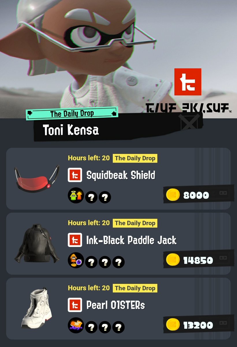 TonikensaNA's tweet photo. For the next 20 hours, Toni Kensa is the featured brand on the Splatnet shop. #ToniKensa #Splatoon3 https://t.co/bWtBz1EbGx