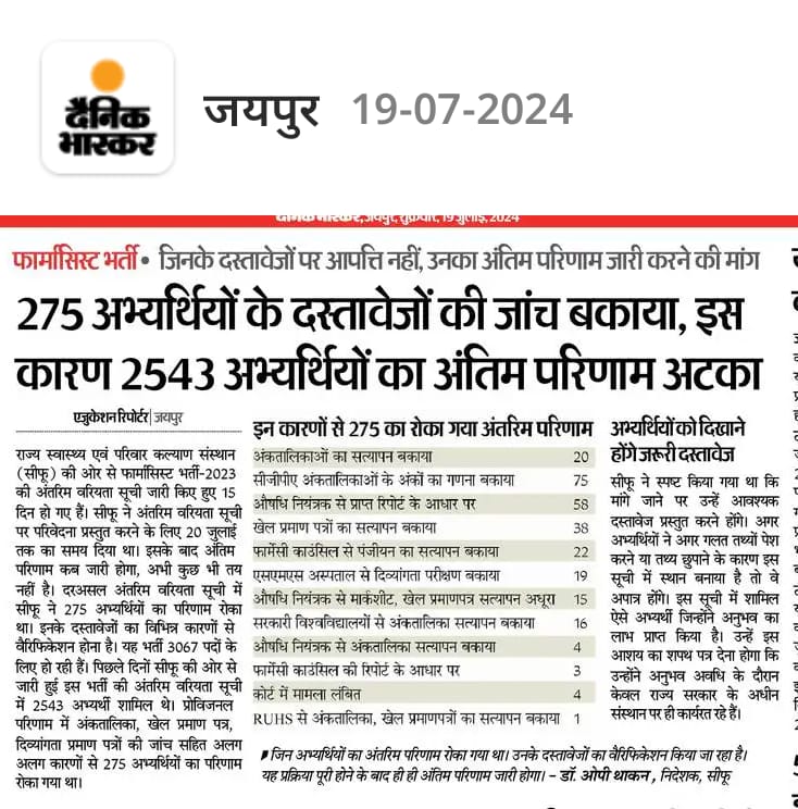 मान्य पंत साहब के सकारात्मक प्रयास के कारण ही आज ये भर्ती प्रक्रिया पूरी हो रही है।
मान्य <a href="/pantlp/">LP Pant</a> सहाब का दिल की गहराइयों से हार्दिक आभार।🙏
#फार्मासिस्ट_कैडर_आपका_जिंदगीभर_आभारी_रहेगा 
<a href="/1stIndiaNews/">First India News</a> <a href="/dr_vishwjeet/">Vishwjeet mitra(विश्वजीत मित्रा)</a> <a href="/RajCMO/">CMO Rajasthan</a> <a href="/DainikBhaskar/">Dainik Bhaskar</a> <a href="/RajGovOfficial/">Government of Rajasthan</a> <a href="/pharma_bharti/">युवा प्रकोष्ठ राजस्थान फार्मासिस्ट एसोसिएशन</a> <a href="/KumariDiya/">Diya Kumari</a>