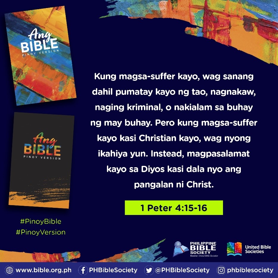 PHBibleSociety's tweet photo. 1 PETER 4:15-16, ANG BIBLE PINOY VERSION.
#PhBibleSociety #PBS #Bible
#AngBiblePinoyVersion https://t.co/Ou1rnRC9GL