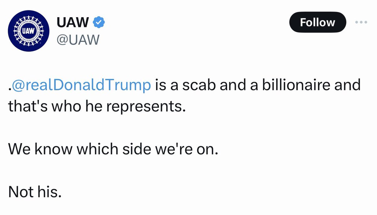 harryjsisson's tweet photo. WOW! The UAW union just DESTROYED Donald Trump after he attacked them during his RNC speech. This is so great! https://t.co/nf9HutzD0i