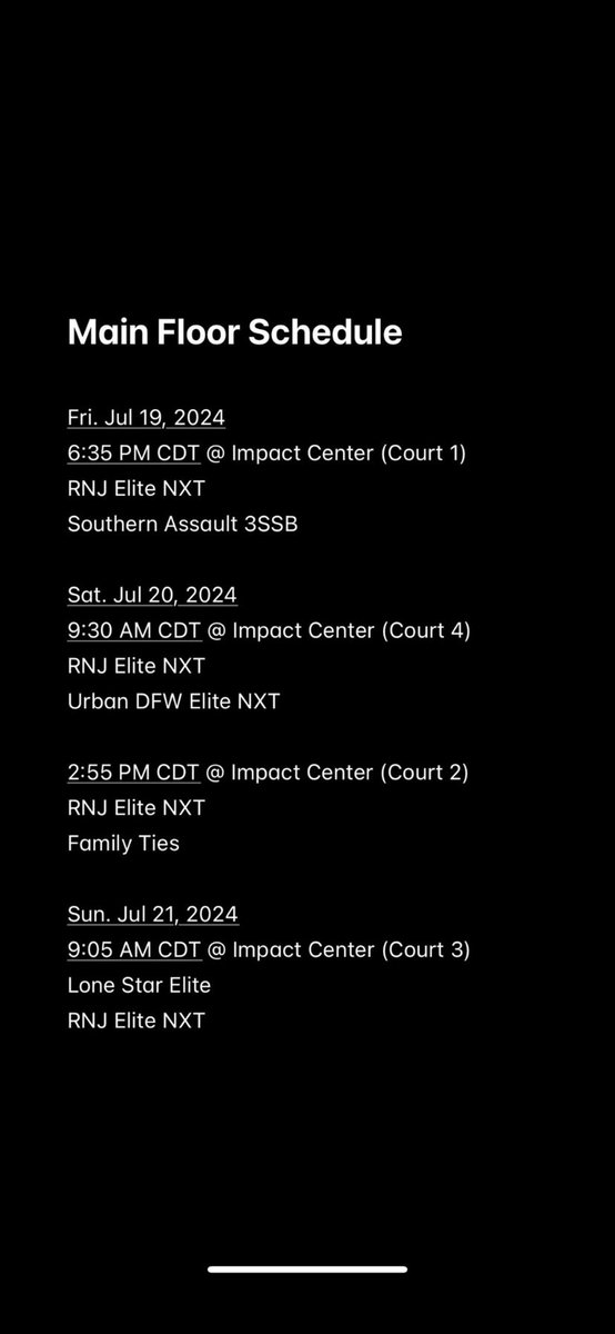 My Schedule This weekend! Can’t wait to compete against top competition in the area in front of many coaches in attendance. <a href="/TeamRNJElite/">RNJ Elite</a>