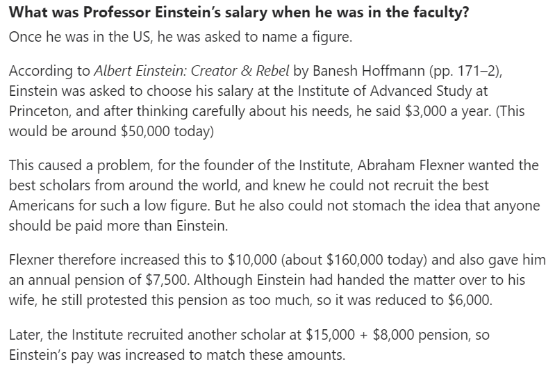 jabardasti's tweet image. from quora:
#interesting #tidbits 

What was Professor Einstein’s salary when he was in the faculty?

Once he was in the US, he was asked to name a figure.

According to Albert Einstein: Creator &amp;amp; Rebel by Banesh Hoffmann (pp. 171–2), Einstein was asked to choose his salary at…