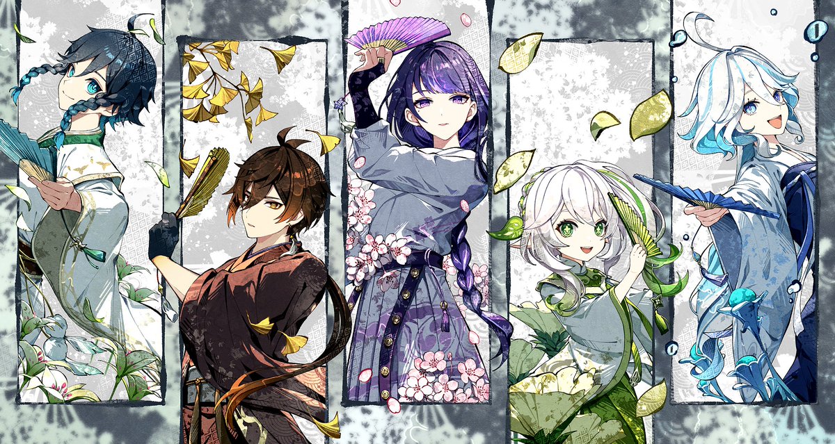 cha_hanare's tweet photo. 【おしらせ】
今回上海で開催される原神Fesのお祝いに五神イラストを描かせていただきました！
当日こちらのイラストを用いて作られたグッズが会場のブースで頒布されます。
スケジュール都合上私は会場に行くことはできないのですが当日行かれる方是非楽しんできてください！✨
#原神  #原神Fes https://t.co/hGBIZFy55B