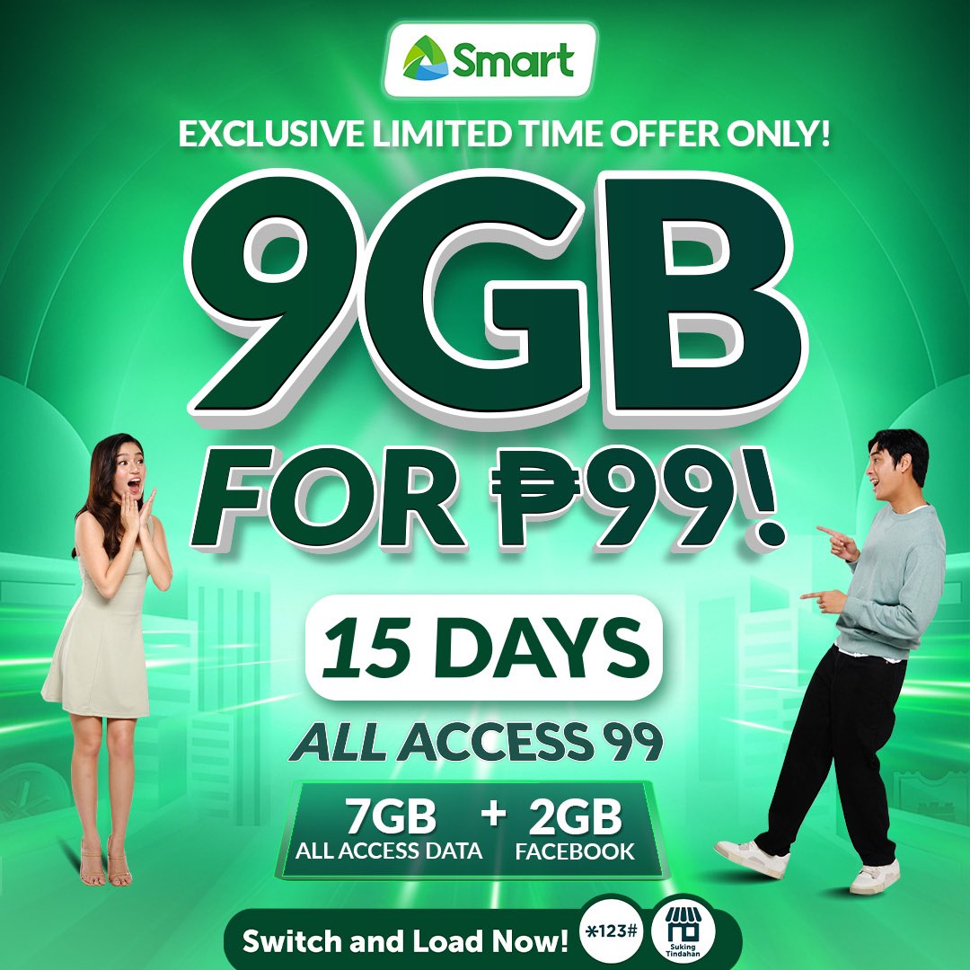 LiveSmart's tweet image. Get 9GB for only ₱99 valid for 15 days with All Access 99. Available for a limited time only! 

Get a Smart SIM today and enjoy exclusive promos and offers you wouldn’t want to miss. 

Switch now and dial *123#