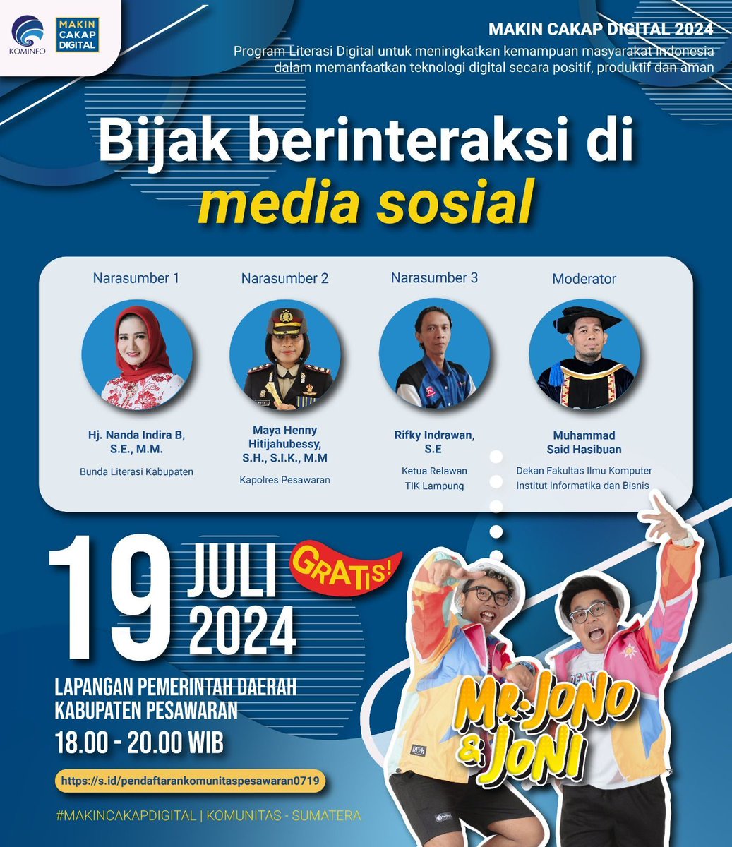 Literasi digital komunitas &amp; HUT 17 Pesawaran

Jumat, 19 Juli '24 (18:00-selesai)

Gratis

Daftar di s.id/pendaftarankom… 

#jelajahvisi
#rifkyindrawan
#literasidigital