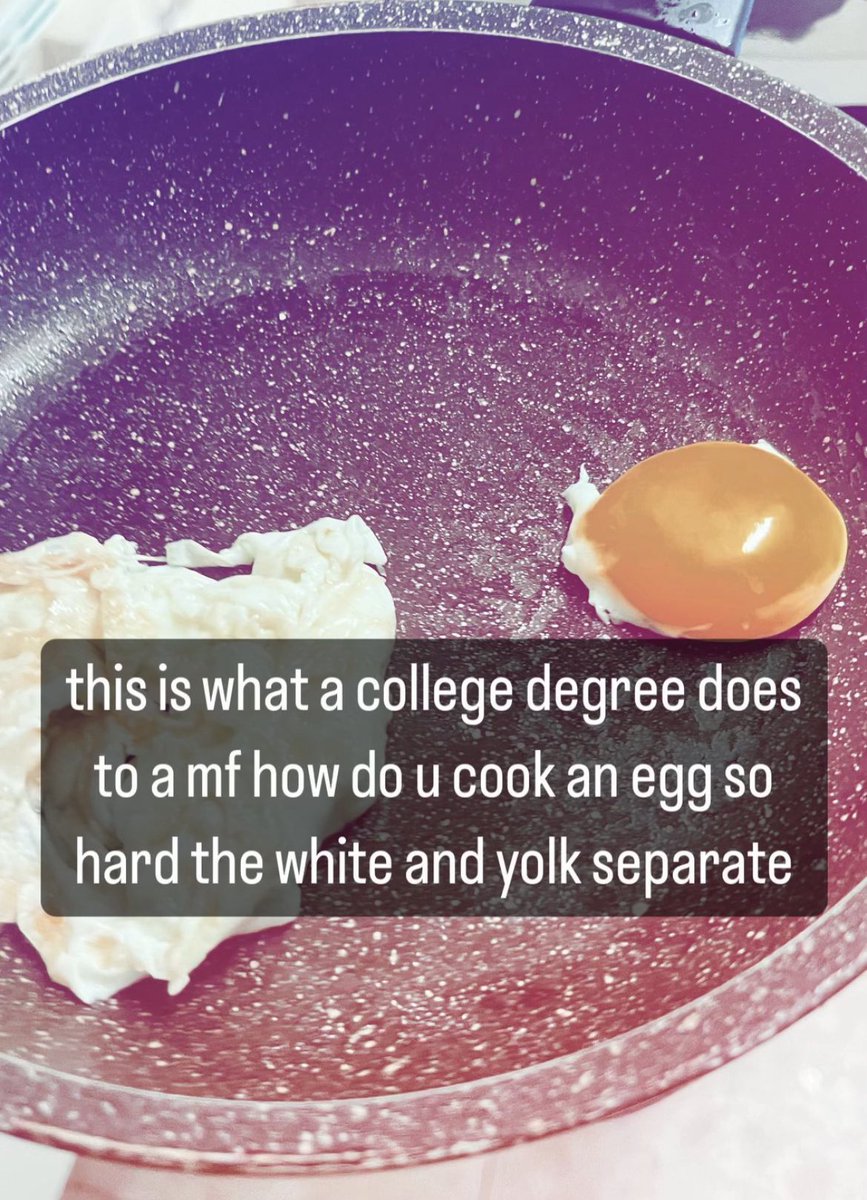 riumantic's tweet image. every time my brother tries to cook me an egg something happens last time the egg came out frozen from the inside and now it got a lobotomy mid cooking